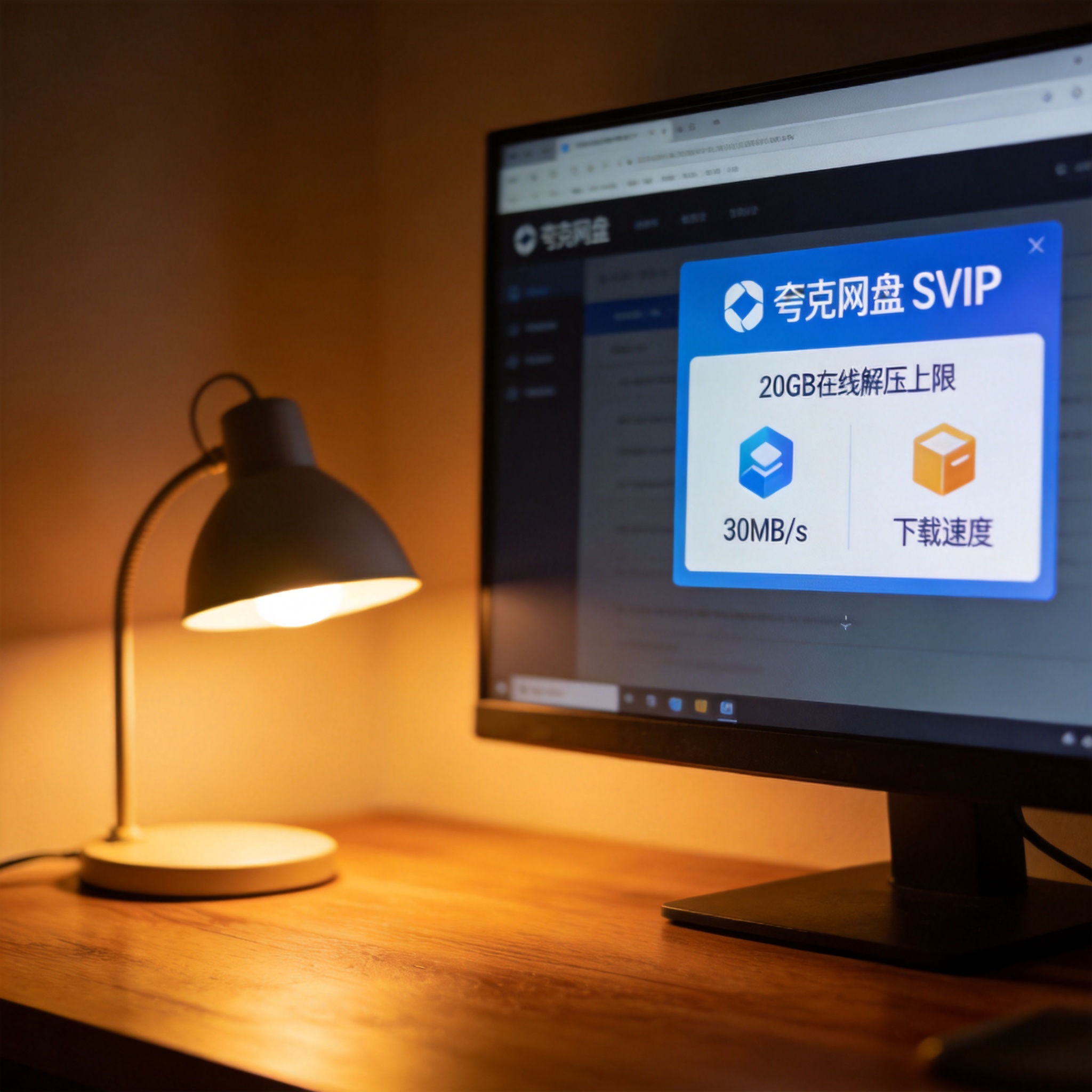 书桌的电脑屏幕显示夸克网盘SVIP界面，页面标注20GB在线解压上限、30MB/s下载速度，桌面有台灯暖光
