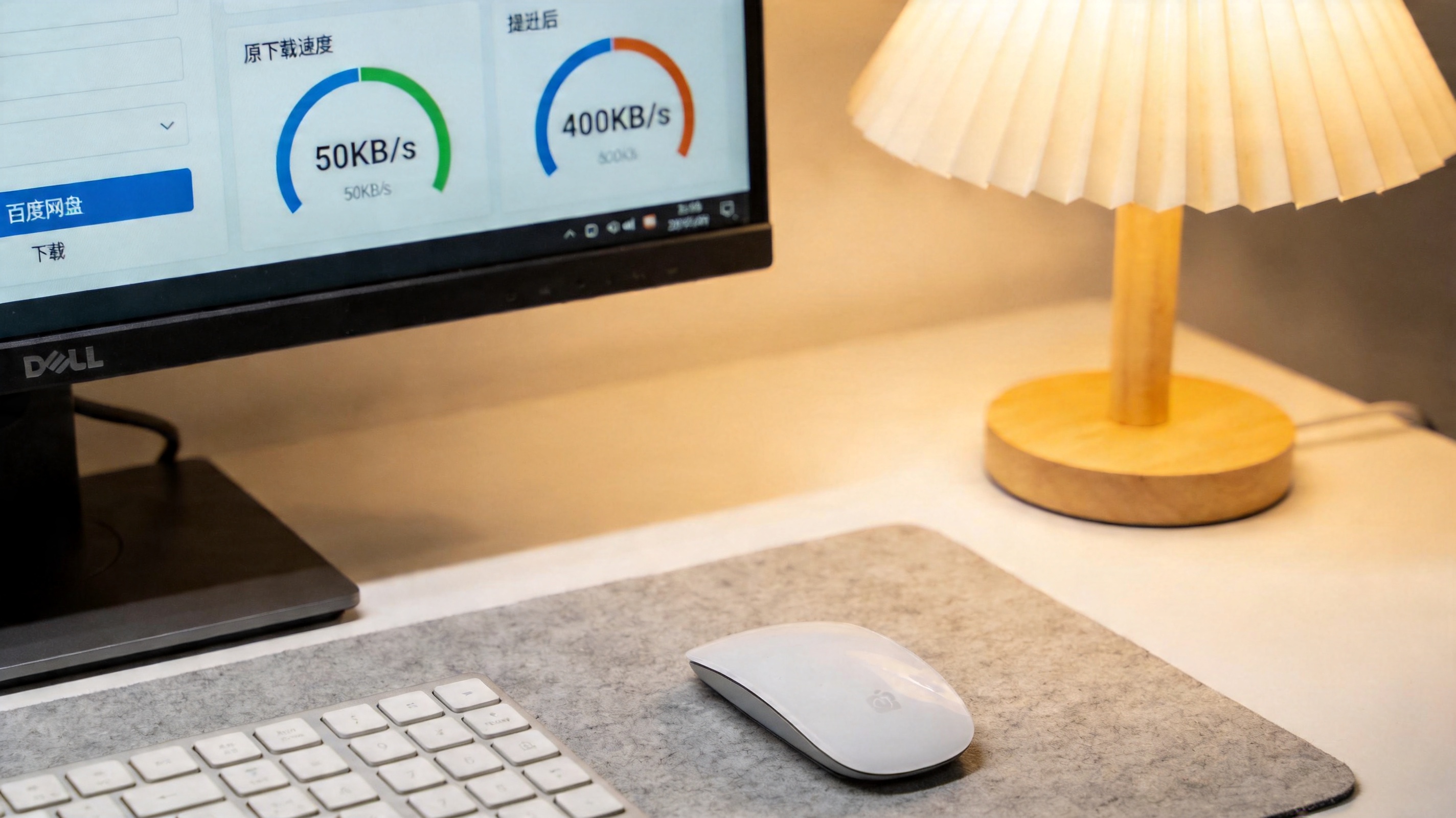 电脑屏幕显示百度网盘下载界面，原下载速度50KB，提速后显示400KB，桌面铺着浅灰色鼠标垫，台灯暖光