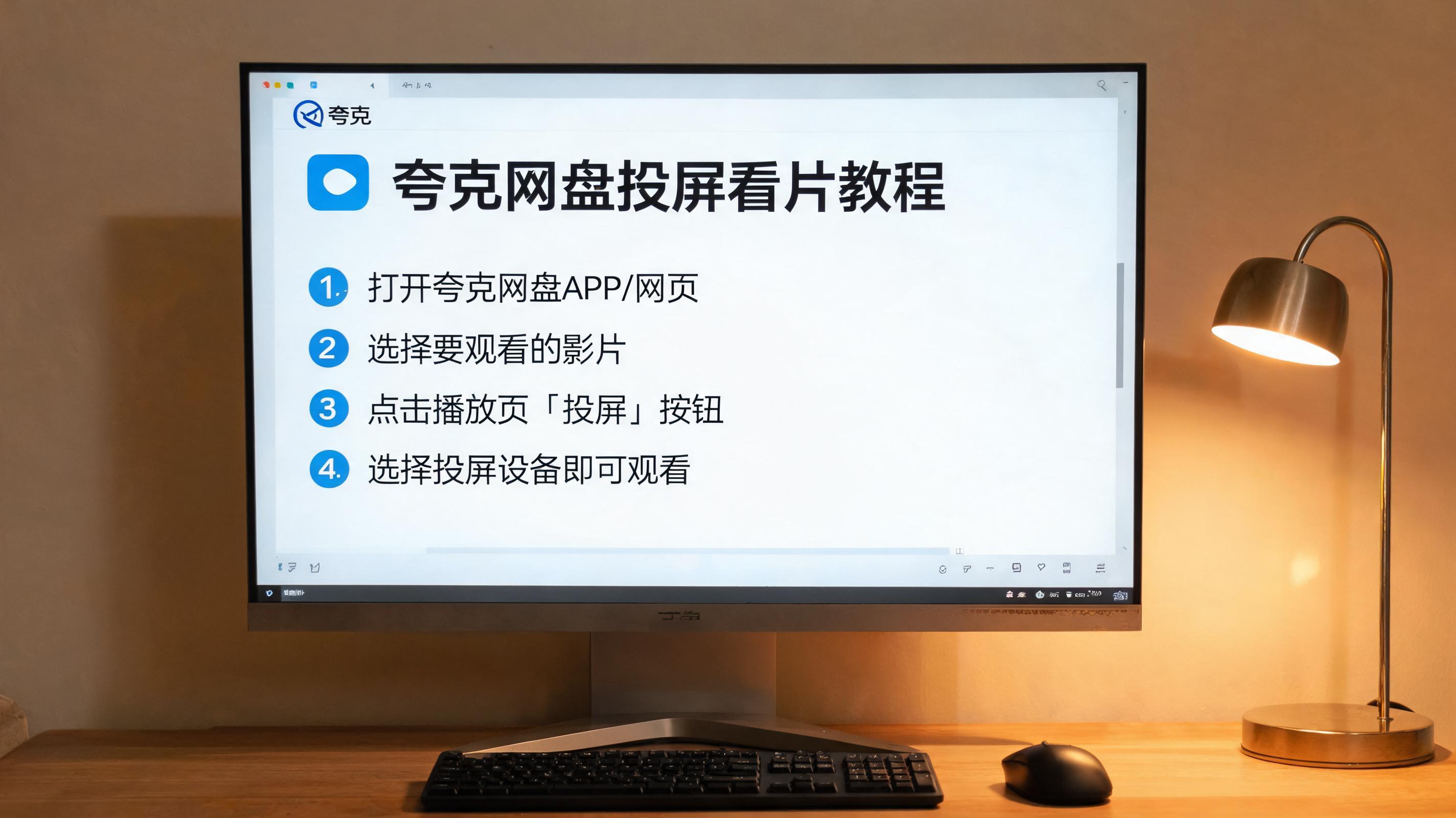 电脑桌上的屏幕，屏幕显示夸克网盘投屏看片教程屏幕，旁边放着台灯