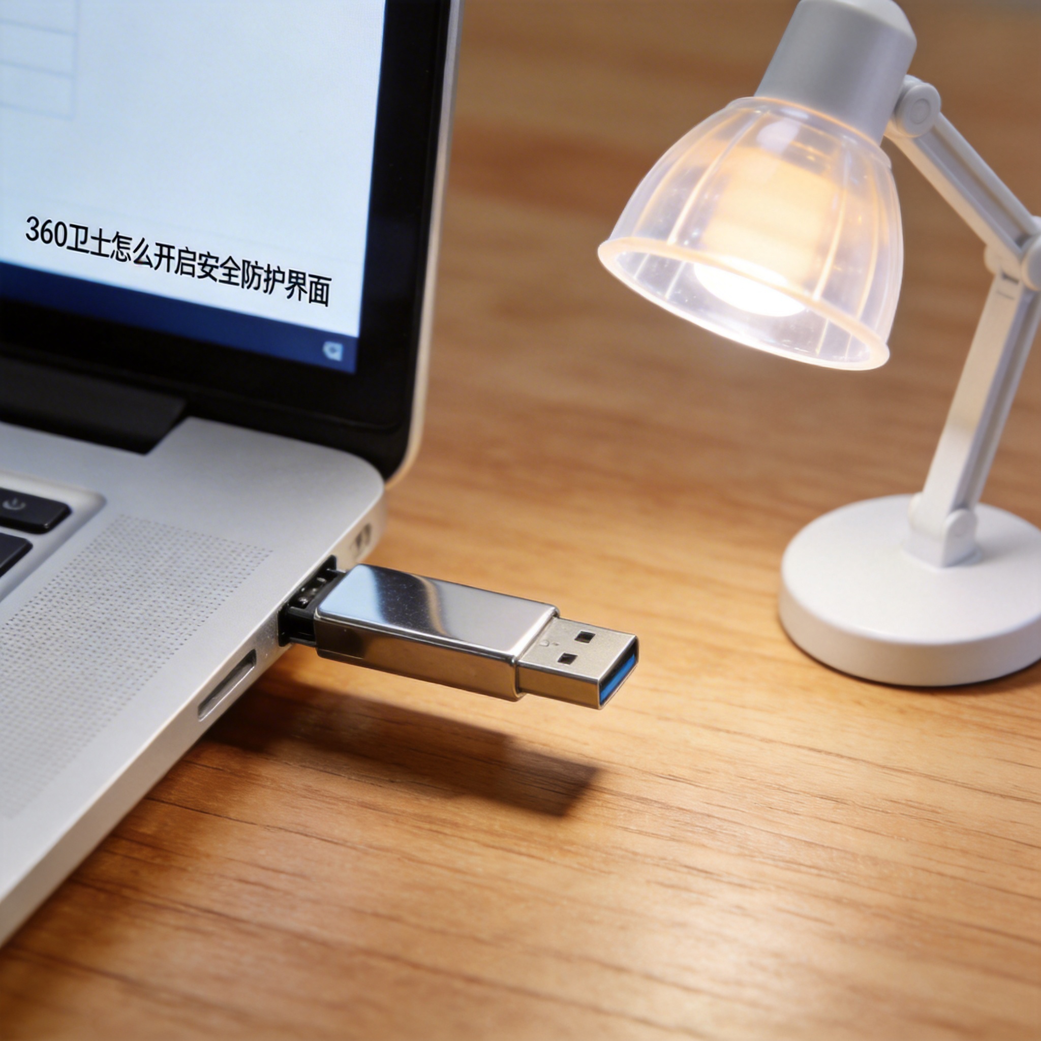 电脑桌上的U盘，屏幕显示360 卫士怎么开启安全防护界面，旁边放着台灯
