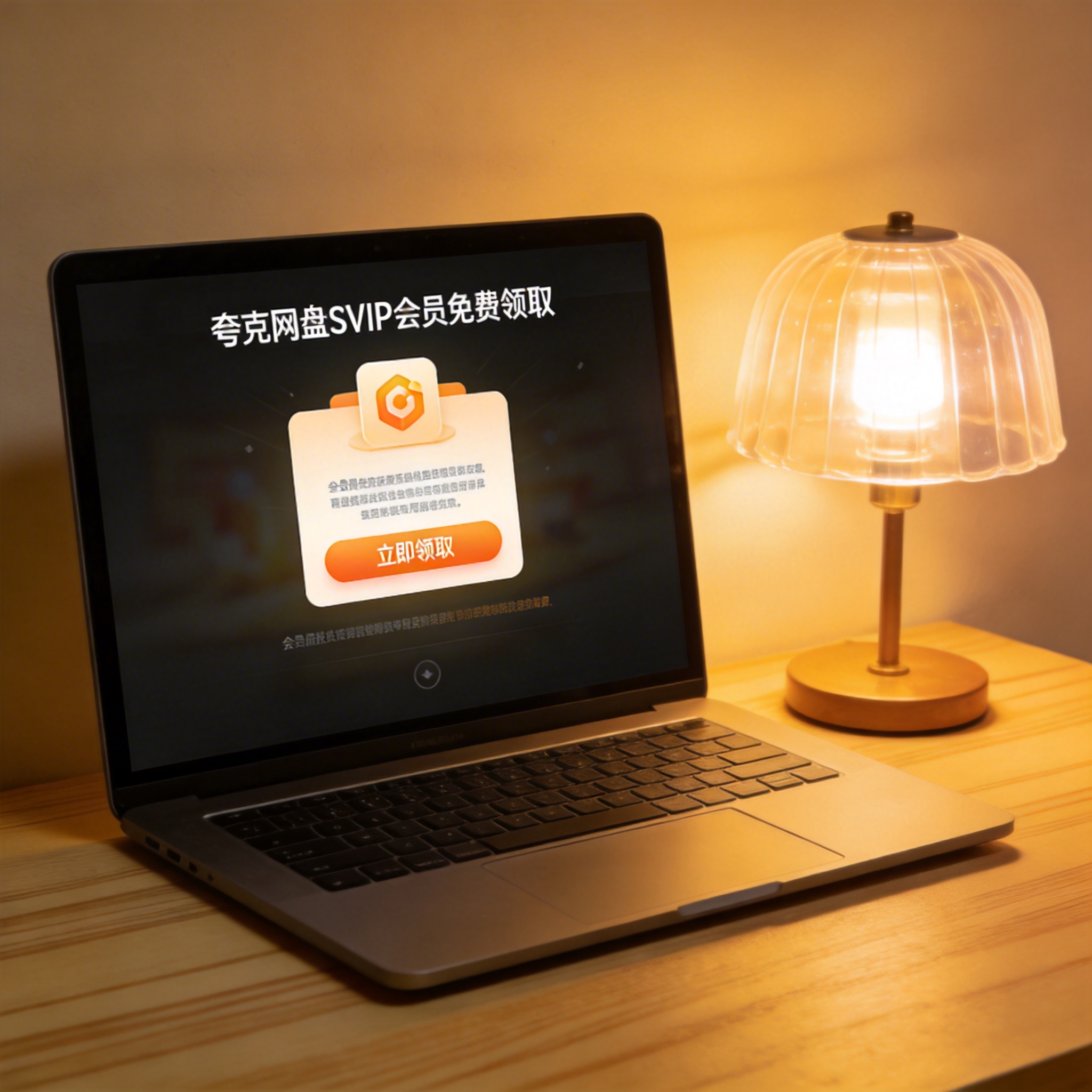 电脑桌上的电脑，屏幕显示夸克网盘 SVIP 会员免费领取界面，旁边放着台灯