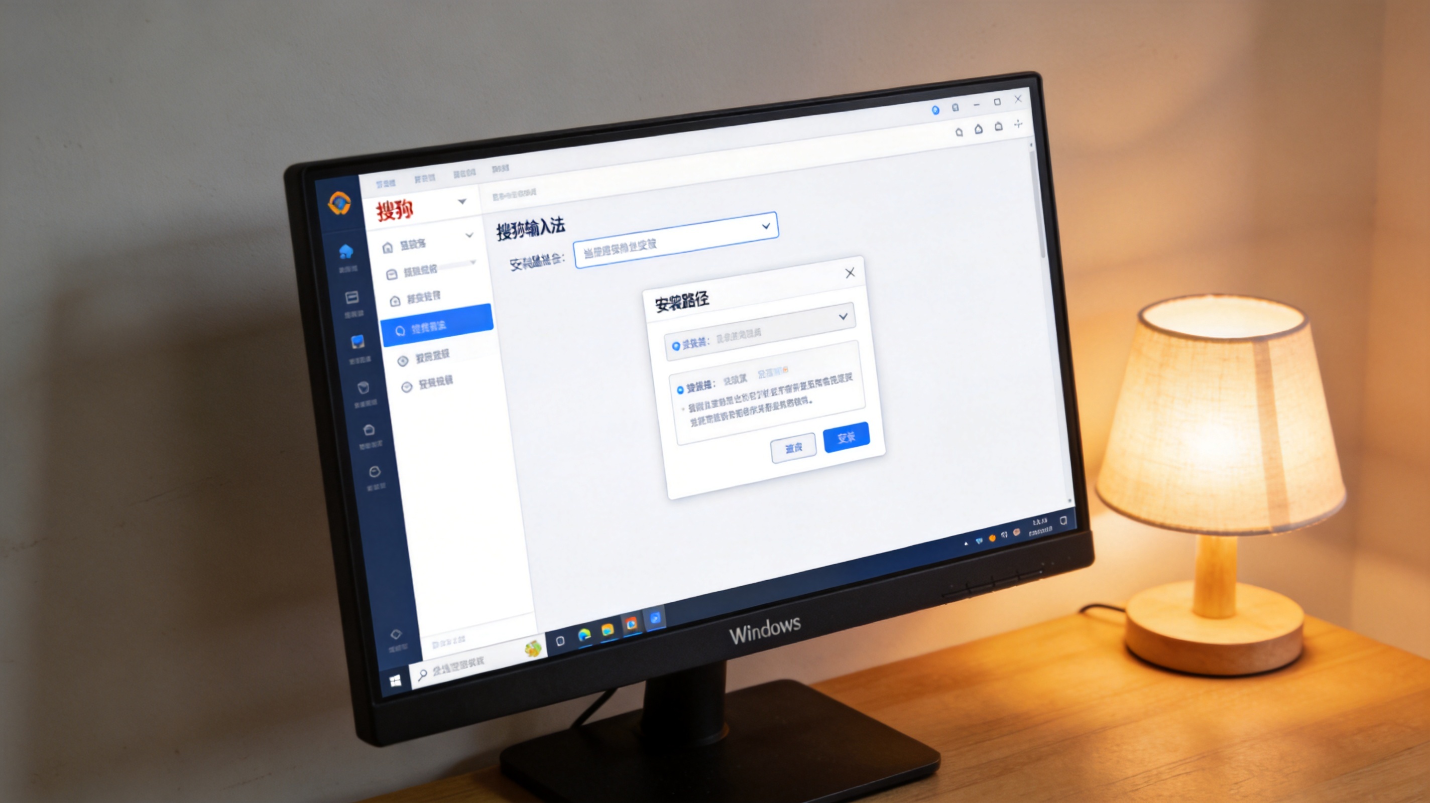 Windows系统电脑的桌面，屏幕显示搜狗输入法安装界面，界面上有安装路径选择框，桌面角落摆着台灯，台灯暖光