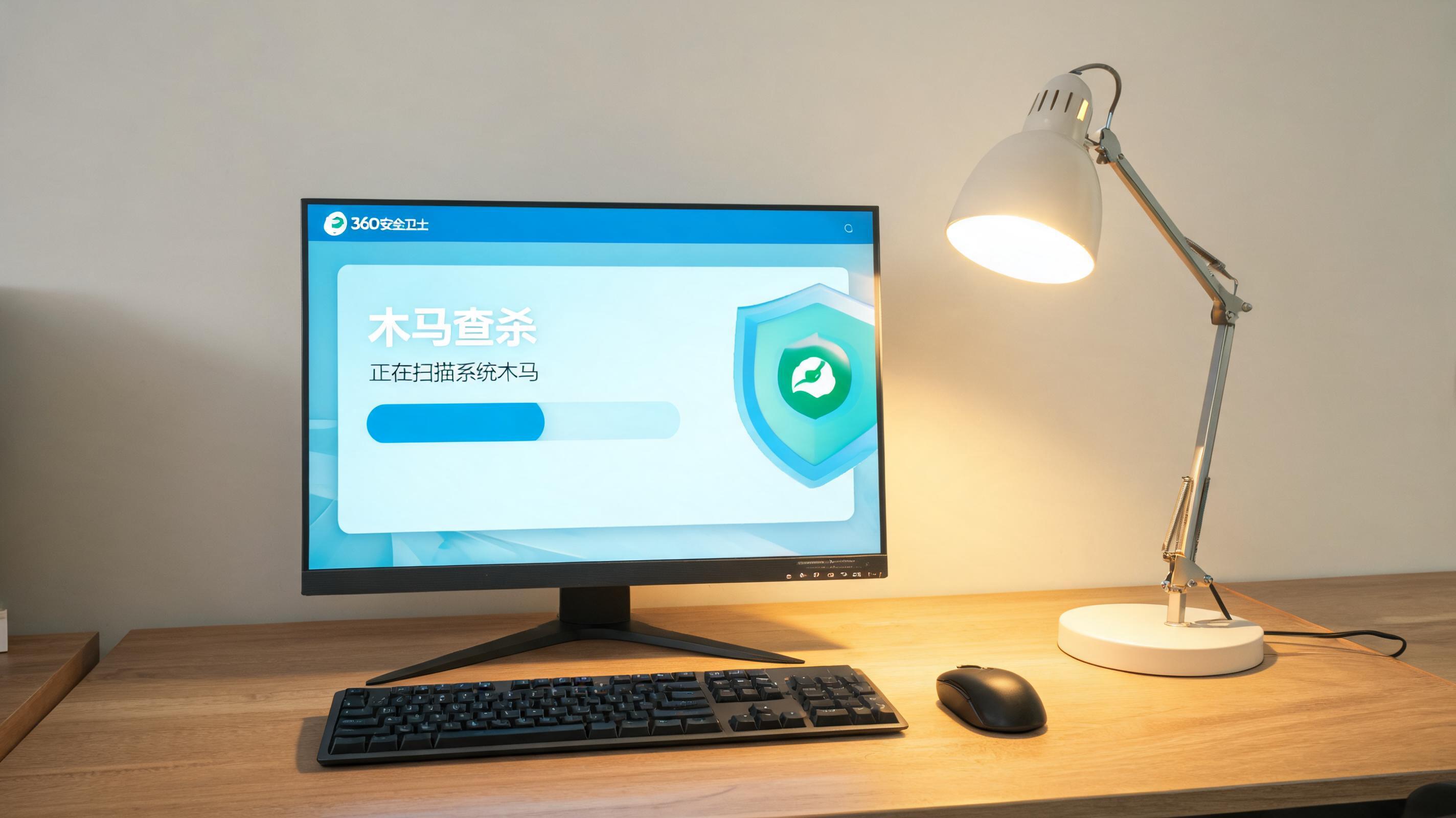 电脑桌上的电脑，屏幕显示360 安全卫士木马查杀界面，旁边放着台灯