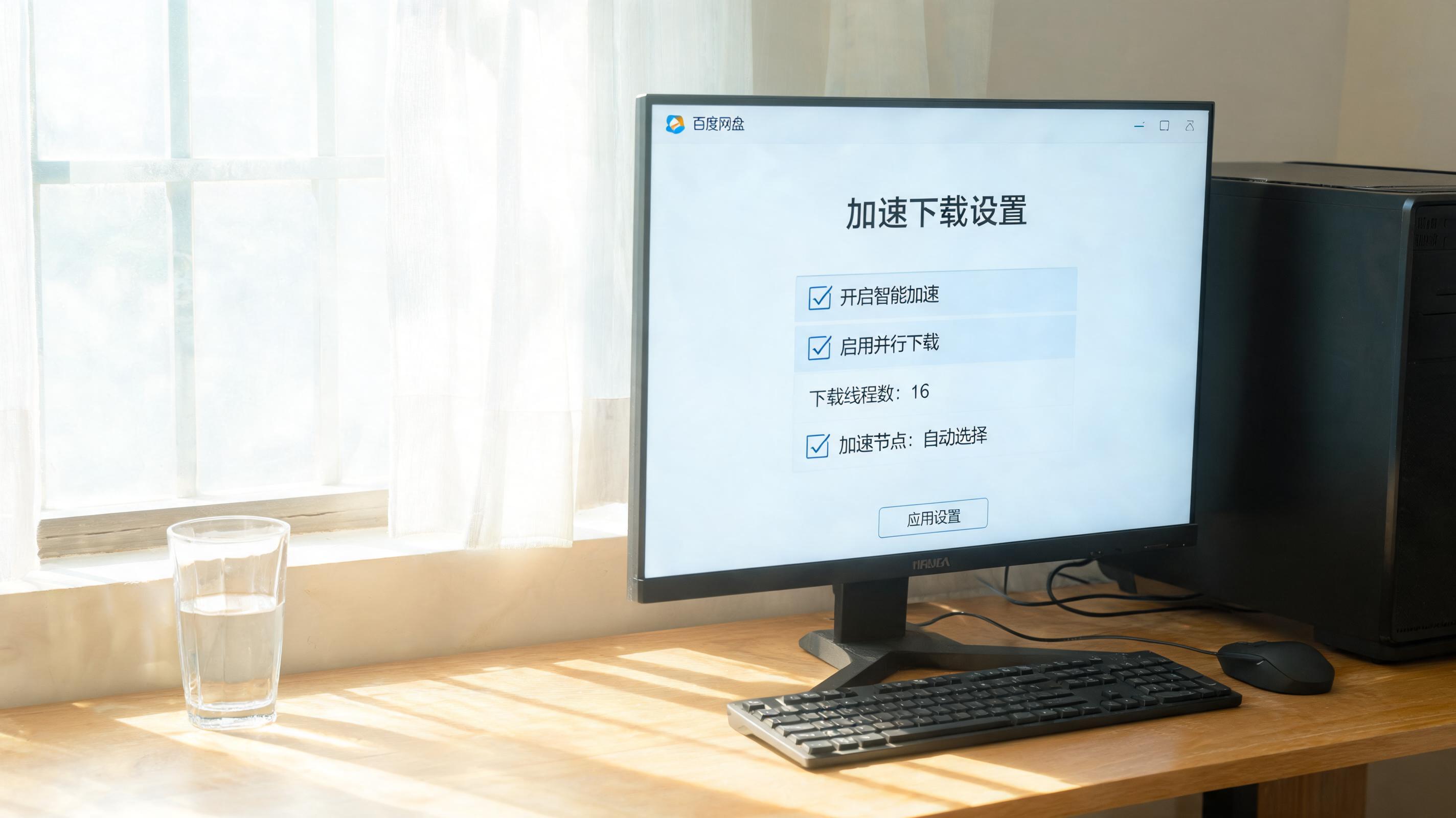 书桌上的主机，屏幕显示百度网盘加速下载真实有效设置界面，桌角放着水杯，自然光