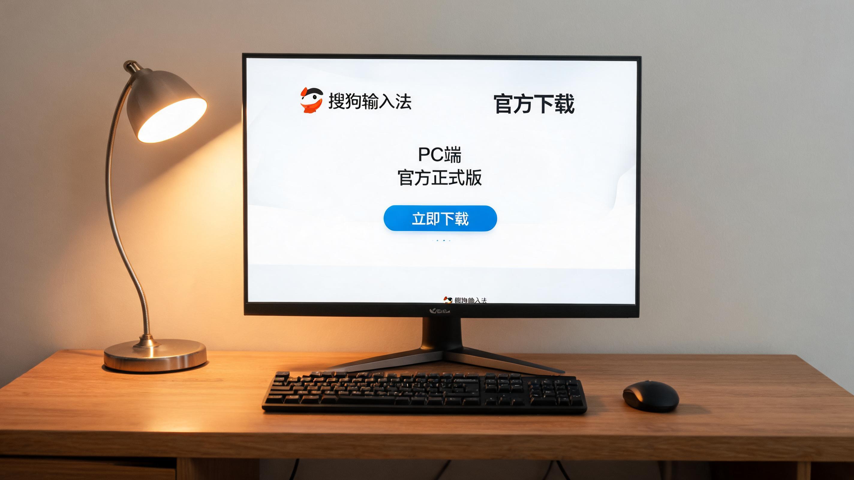 电脑桌上的电脑，屏幕显示PC 端搜狗输入法官方下载界面，旁边放着台灯