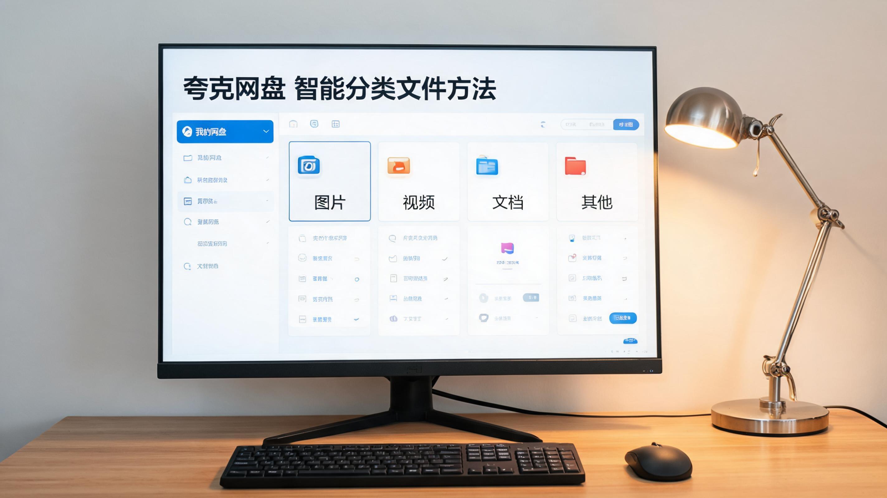 电脑桌上的电脑，屏幕显示夸克网盘智能分类文件方法界面，旁边放着台灯