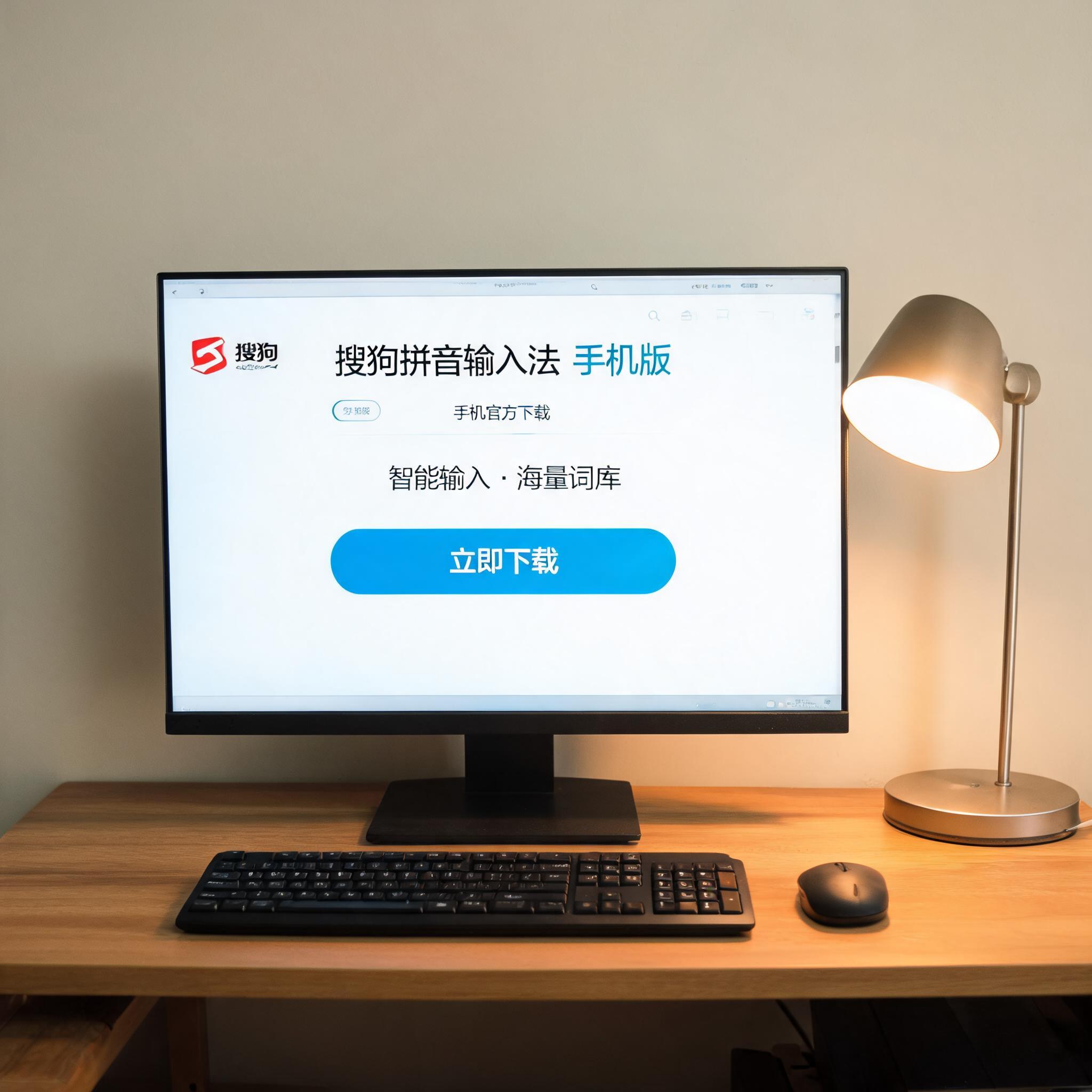 电脑桌上的电脑，屏幕显示手机搜狗拼音输入法下载界面，旁边放着台灯
