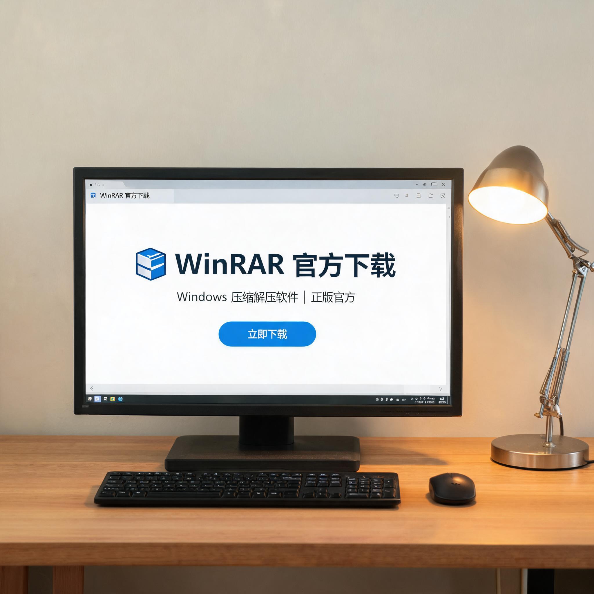 电脑桌上的电脑，屏幕显示win 压缩软件官方下载窗口，旁边放着台灯