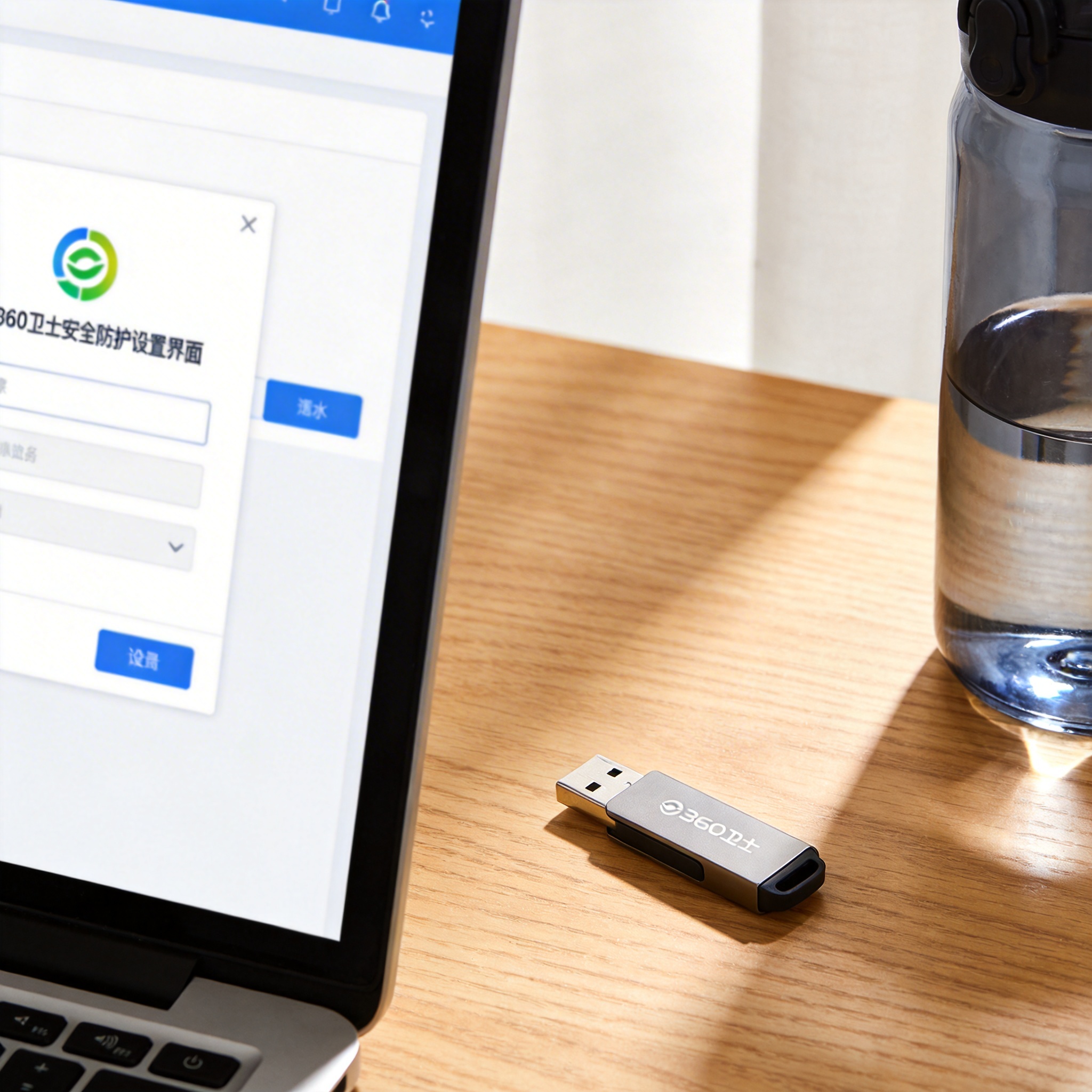 书桌上的U盘，屏幕显示360 卫士怎么开启安全防护设置界面，桌角放着水杯，自然光
