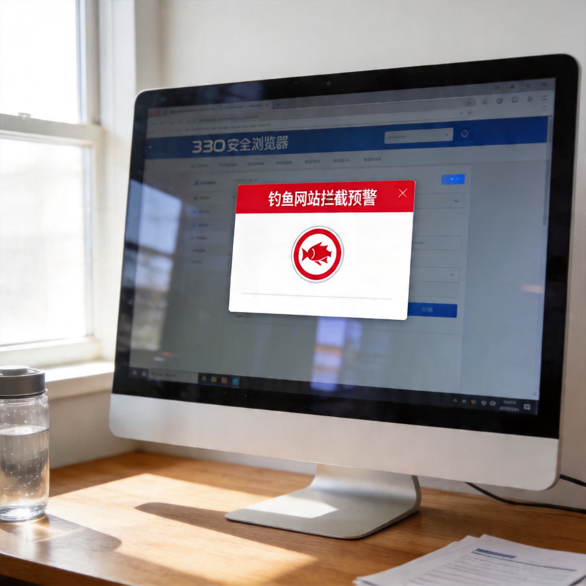 电脑放在桌面上，屏幕显示360安全浏览器界面，页面弹出红色钓鱼网站拦截预警窗口，室内自然光