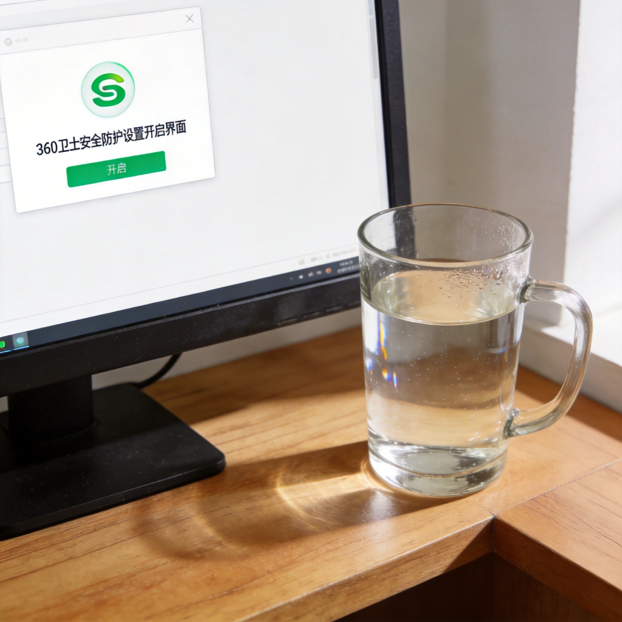 书桌上的电脑，屏幕显示360 卫士怎么开启安全防护设置界面，桌角放着水杯，自然光