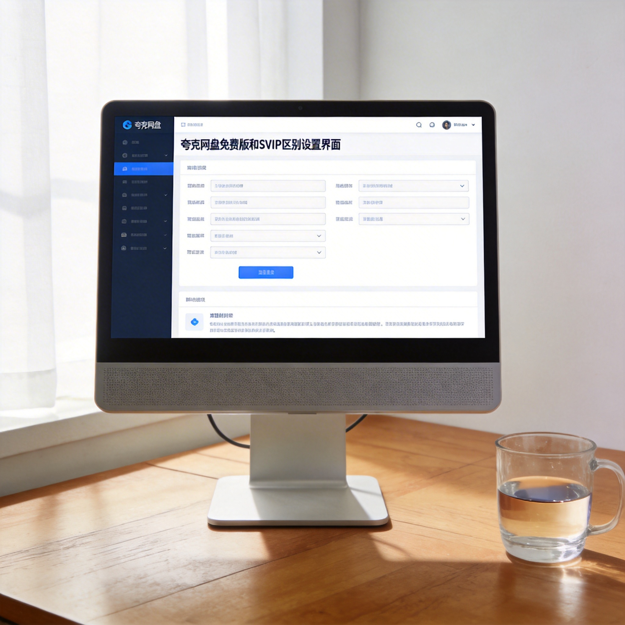 书桌上的主机，屏幕显示夸克网盘免费版和 SVIP 区别设置界面，桌角放着水杯，自然光