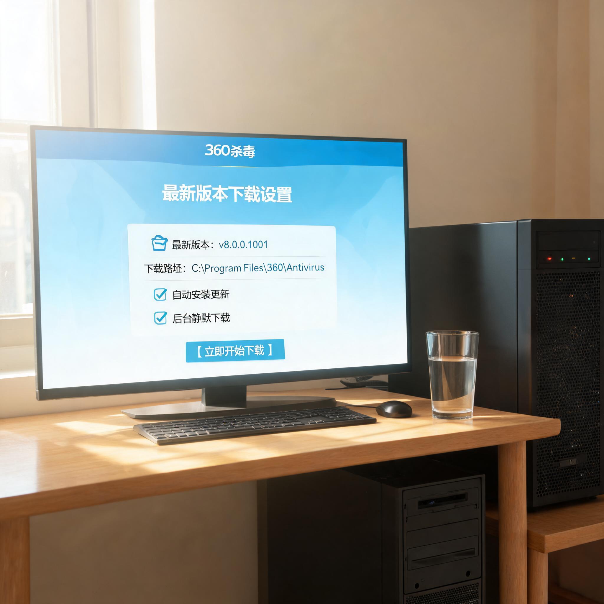 书桌上的主机，屏幕显示360 杀毒最新版本下载设置界面，桌角放着水杯，自然光