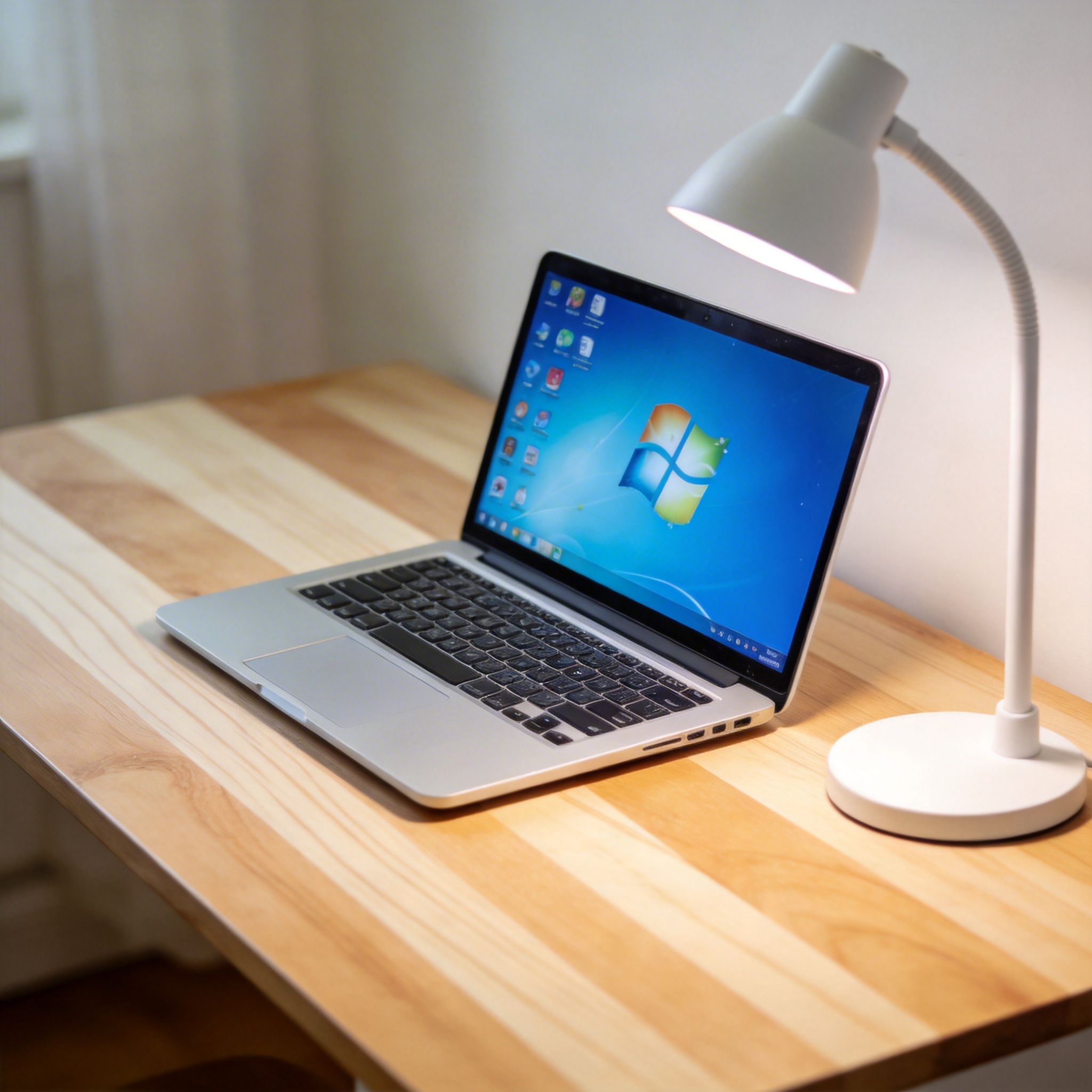 电脑桌上的电脑，屏幕显示Windows桌面，旁边放着台灯