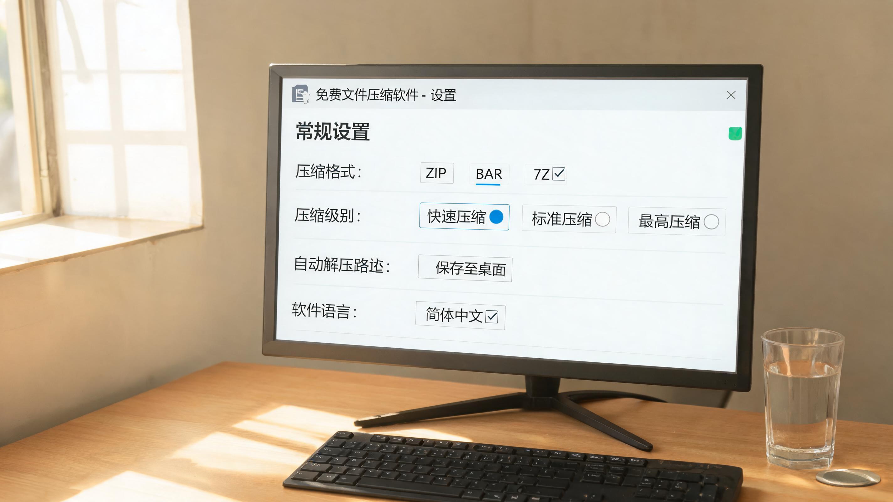 书桌上的电脑，屏幕显示免费文件压缩软件官方设置界面，桌角放着水杯，自然光