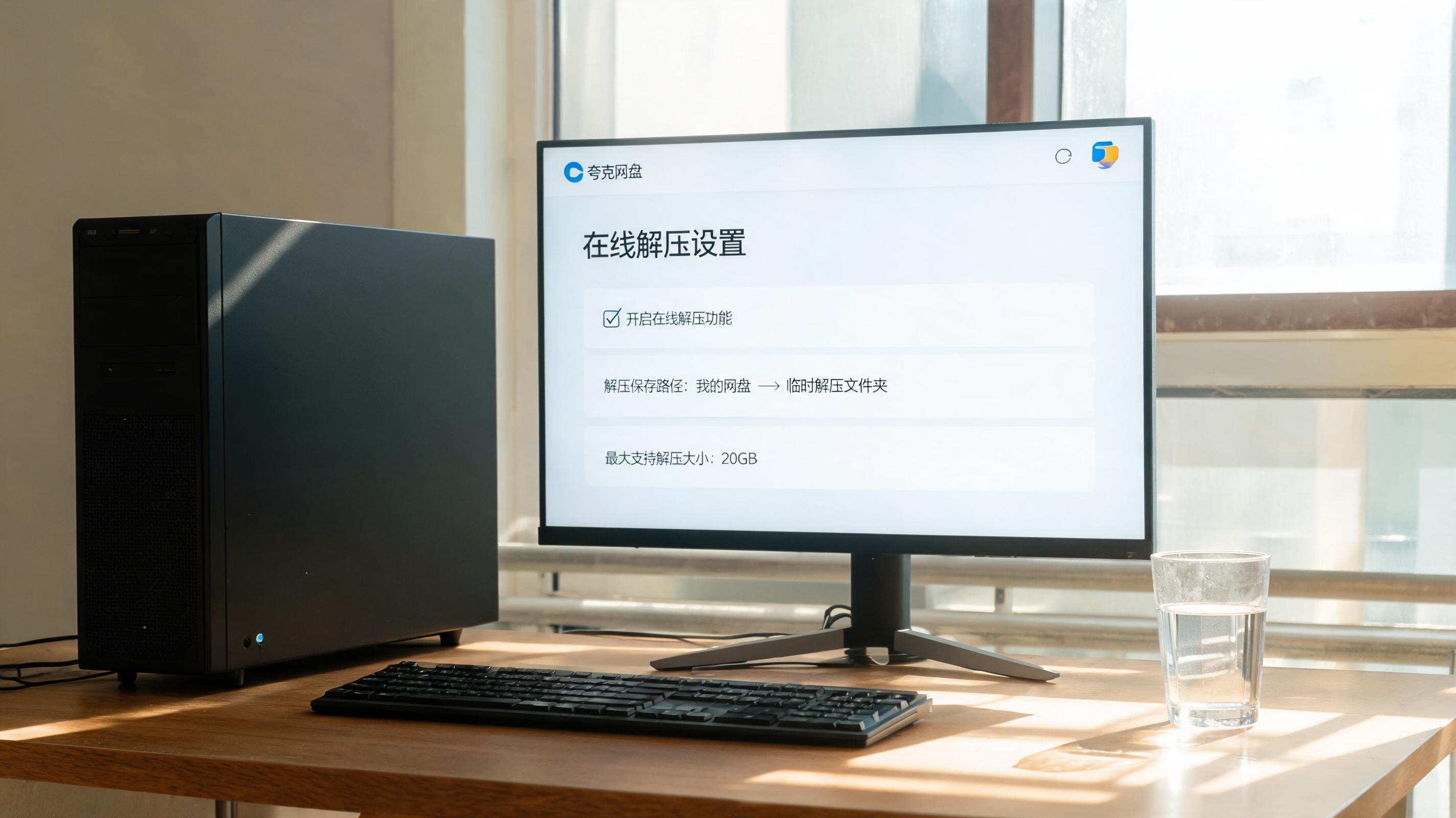 书桌上的主机，屏幕显示夸克网盘文件在线解压设置界面，桌角放着水杯，自然光