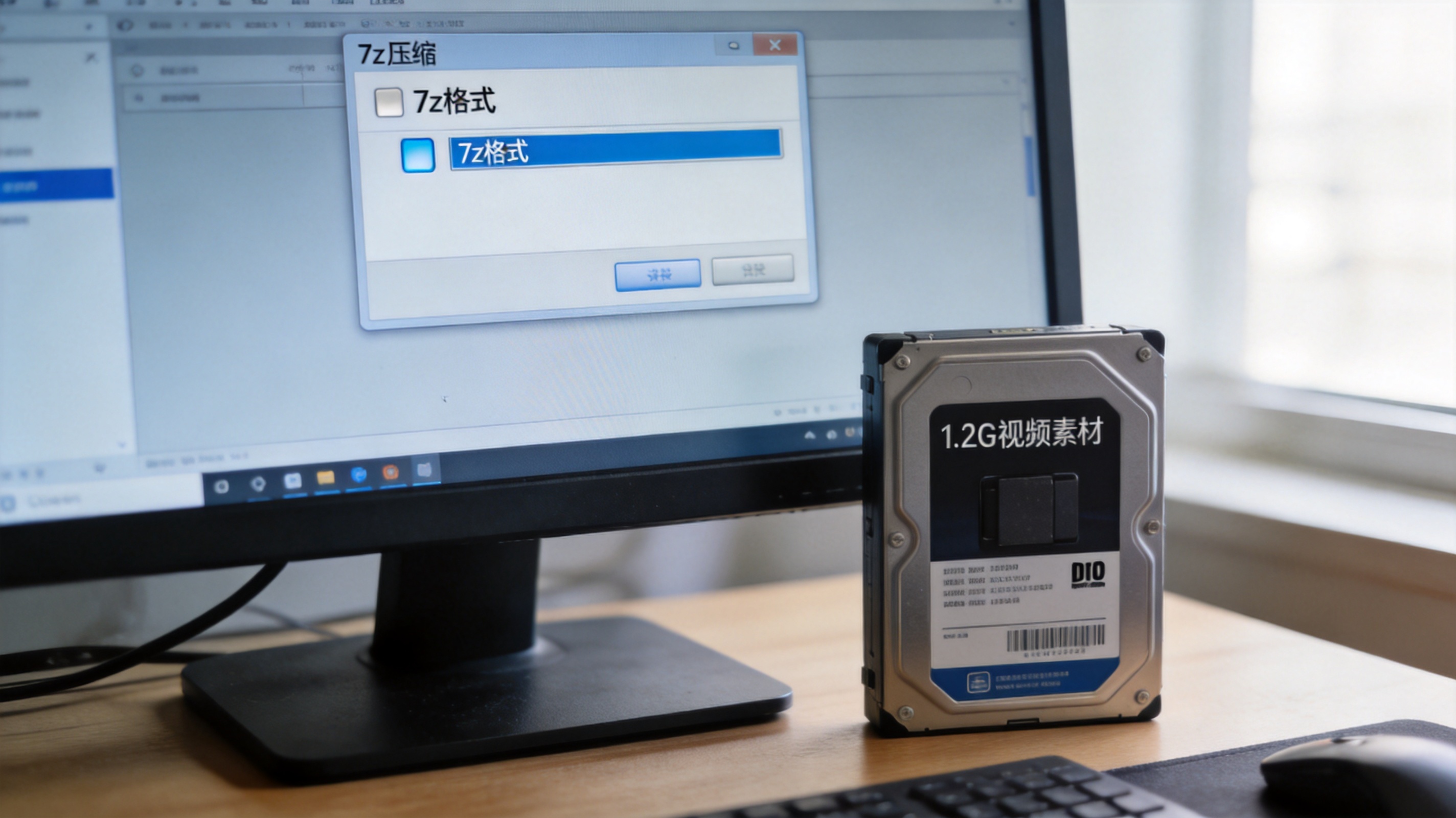 电脑桌面，屏幕显示7z压缩软件的压缩设置窗口，已选中7z格式，旁边放着存储有1.2G视频素材的硬盘，室内自然光