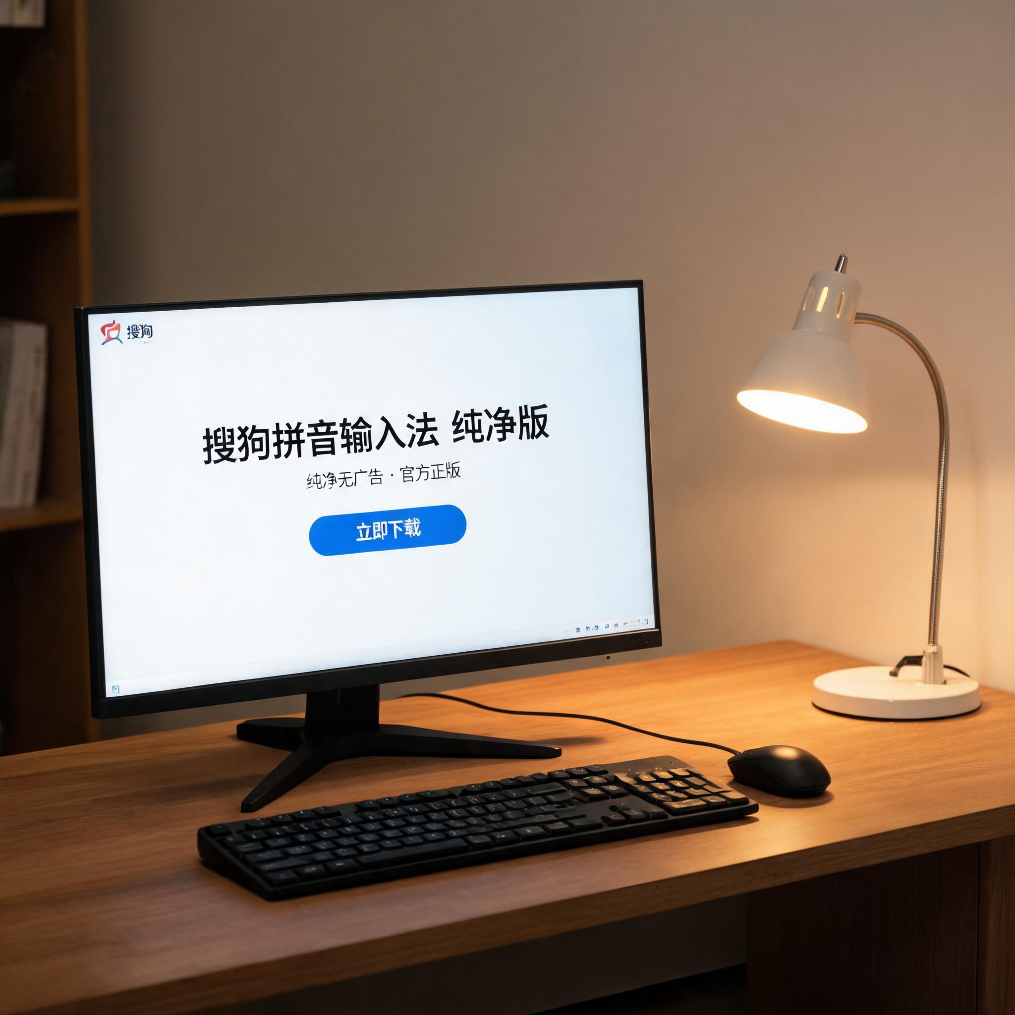 电脑桌上的电脑，屏幕显示搜狗拼音输入法纯净版下载界面，旁边放着台灯
