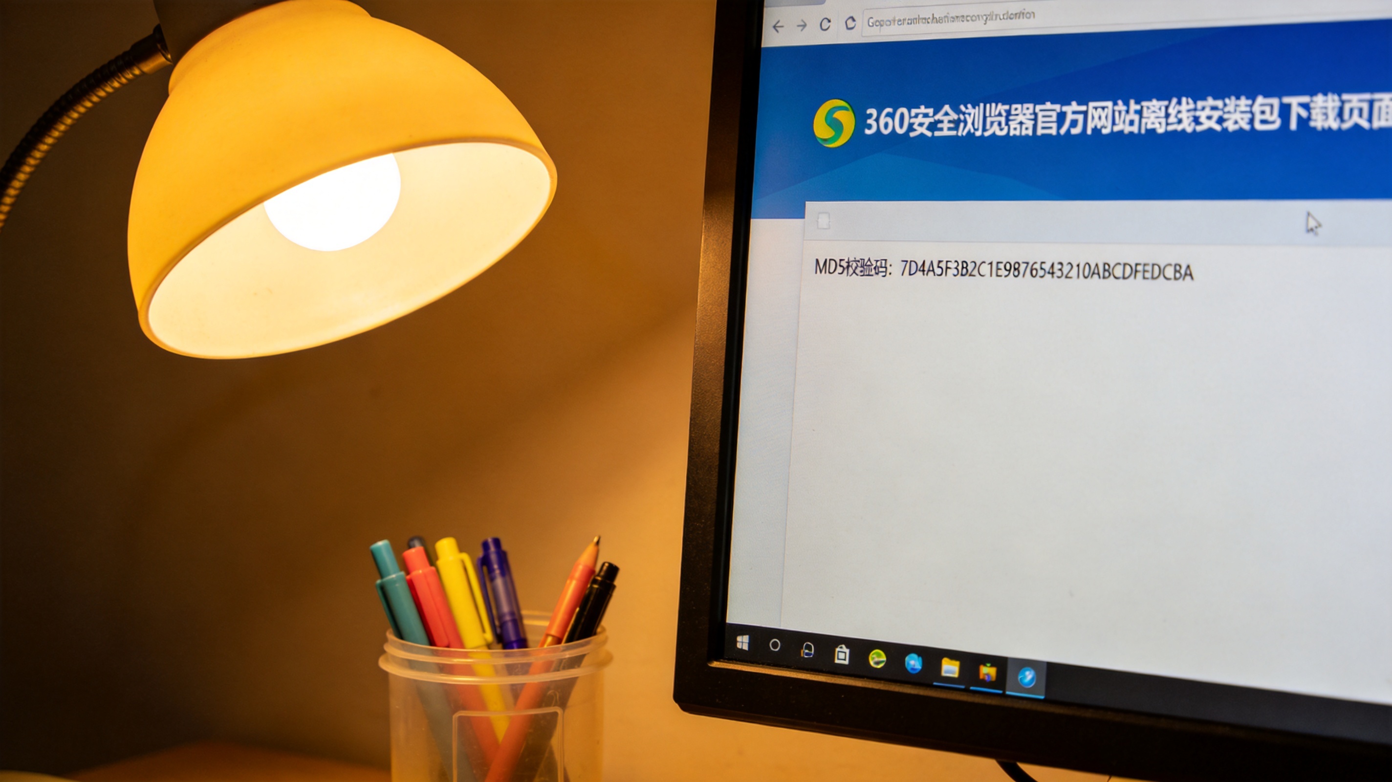 电脑屏幕显示360安全浏览器官方网站的离线安装包下载页面，下方标注着对应版本的MD5校验码，桌面角落有个塑料笔筒，台灯暖光