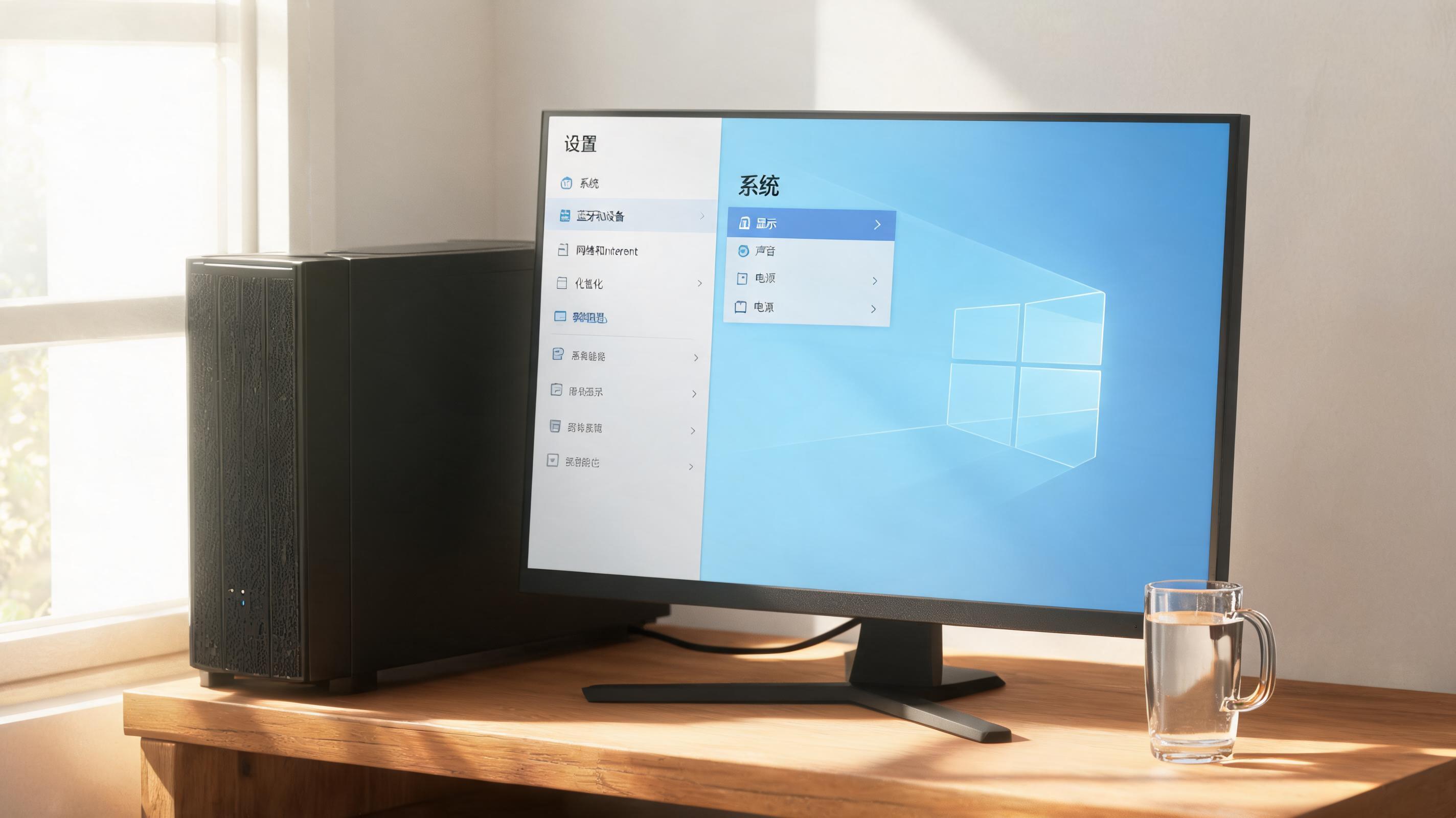 书桌上的主机，屏幕显示Windows设置界面，桌角放着水杯，自然光