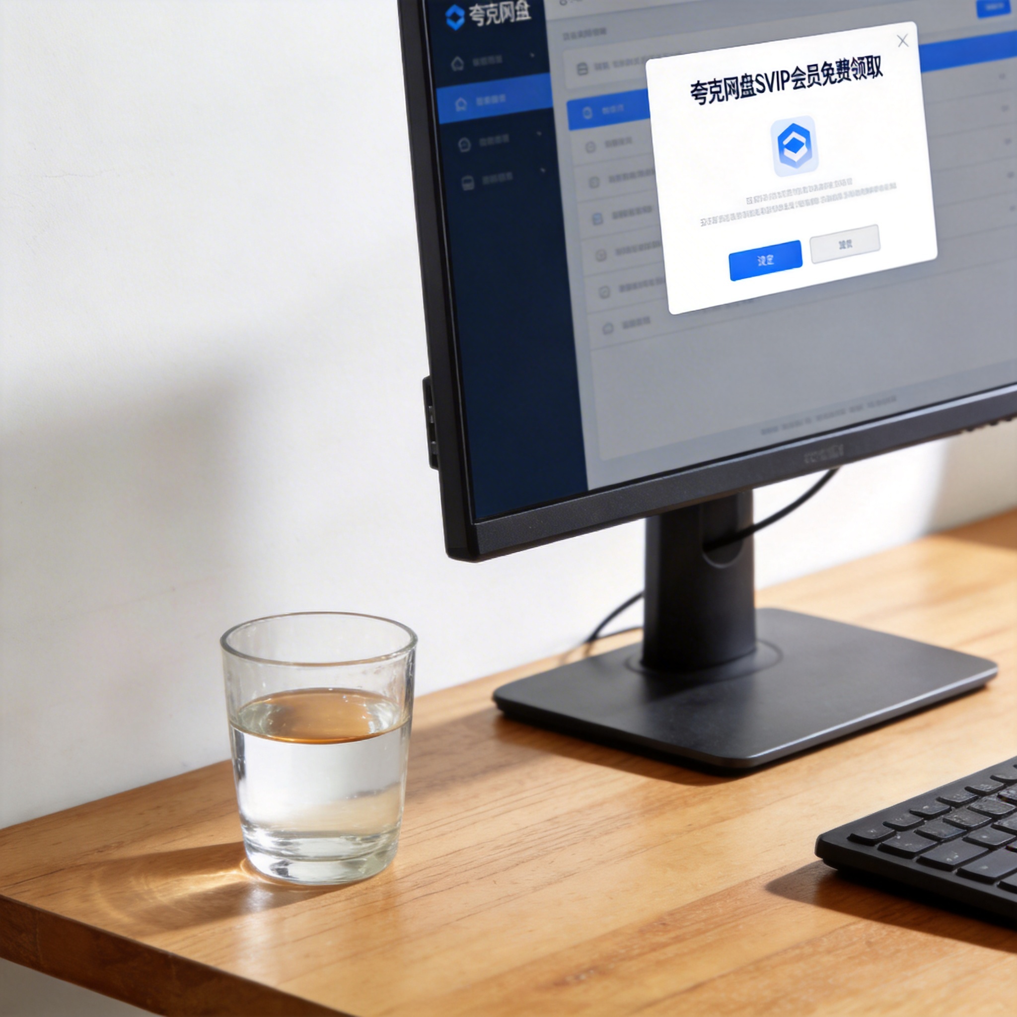 书桌上的主机，屏幕显示夸克网盘 SVIP 会员免费领取设置界面，桌角放着水杯，自然光