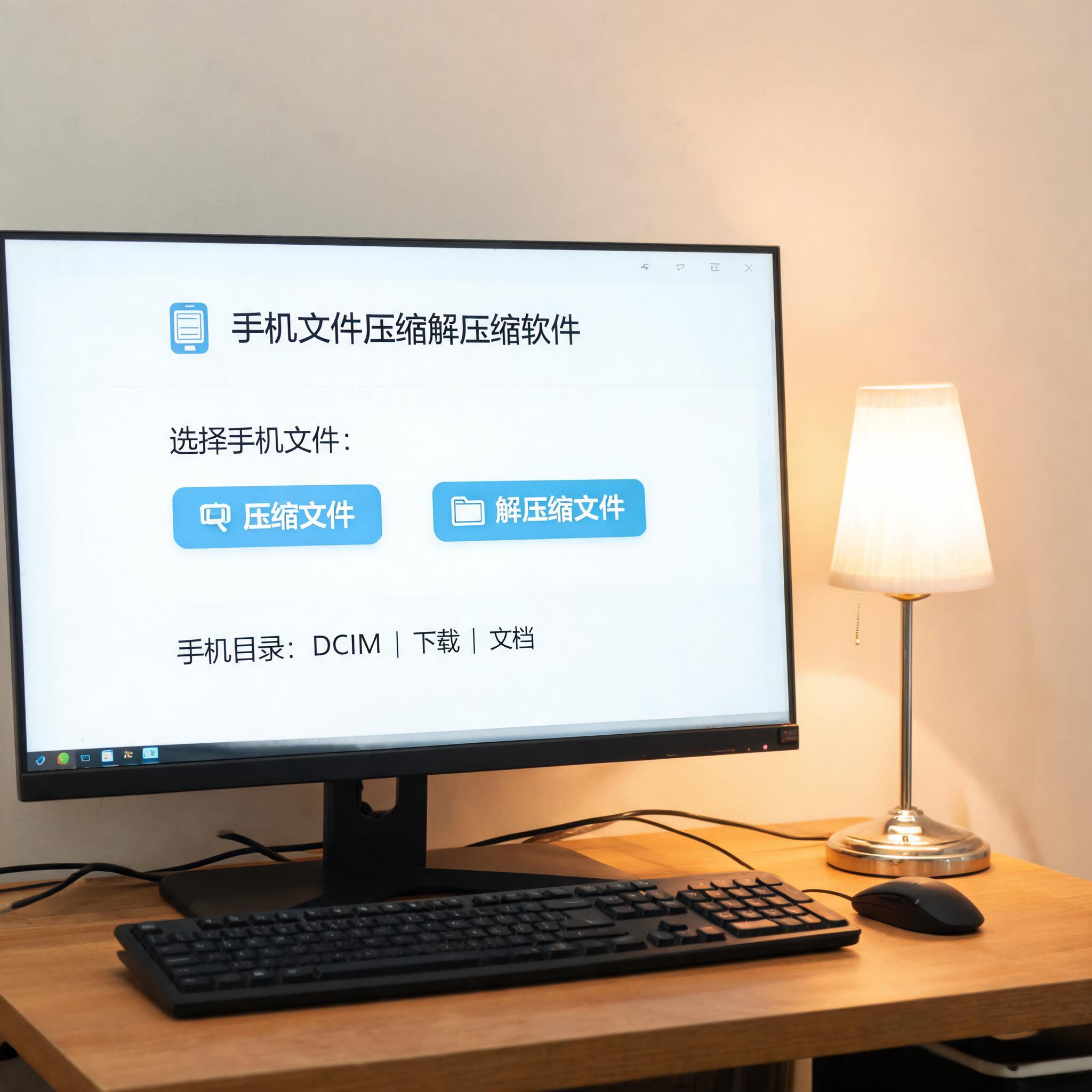 电脑桌上的电脑，屏幕显示手机文件压缩解压缩软件界面，旁边放着台灯