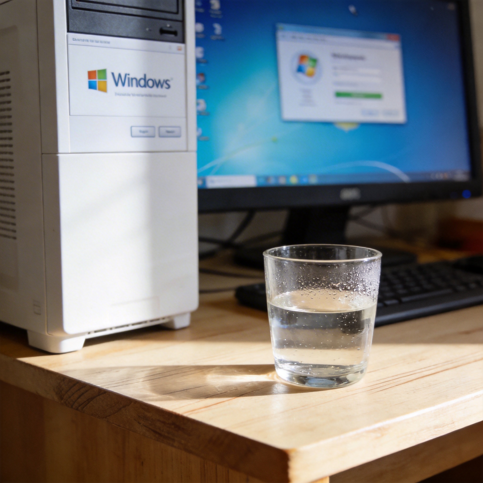 书桌上的主机，屏幕显示Windows设置界面，桌角放着水杯，自然光