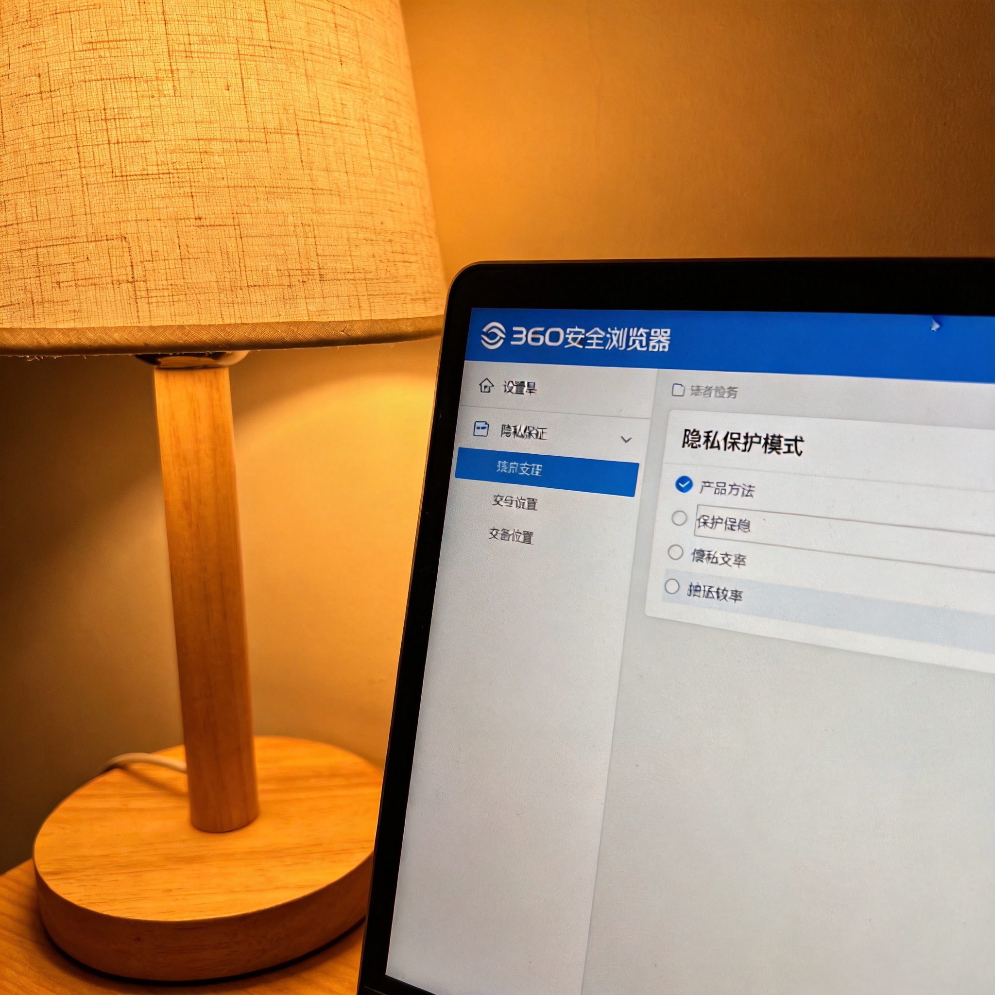 桌面的电脑屏幕显示360安全浏览器设置界面，页面上有隐私保护模式选项，台灯暖光
