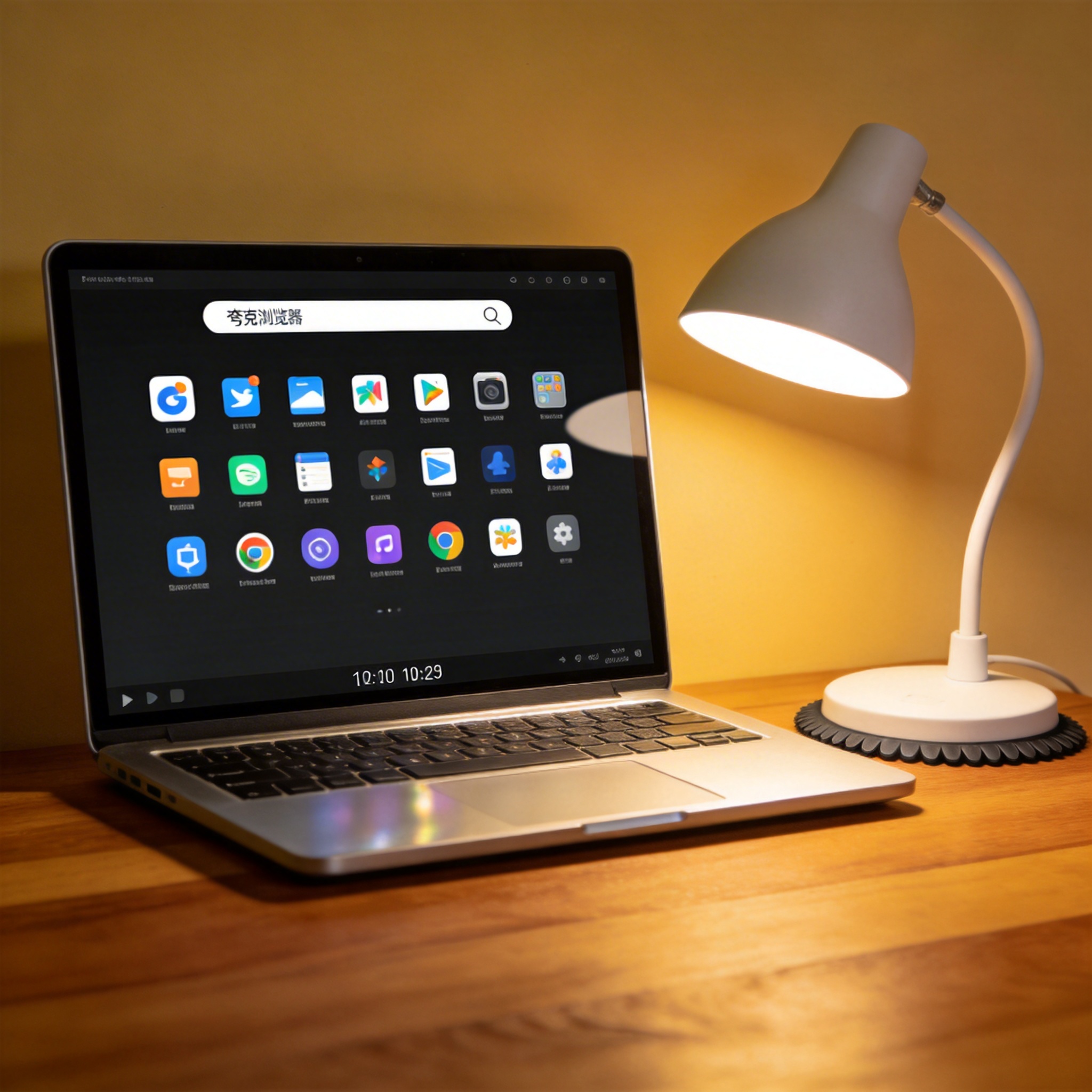 电脑桌上的电脑，屏幕显示夸克浏览器桌面，旁边放着台灯