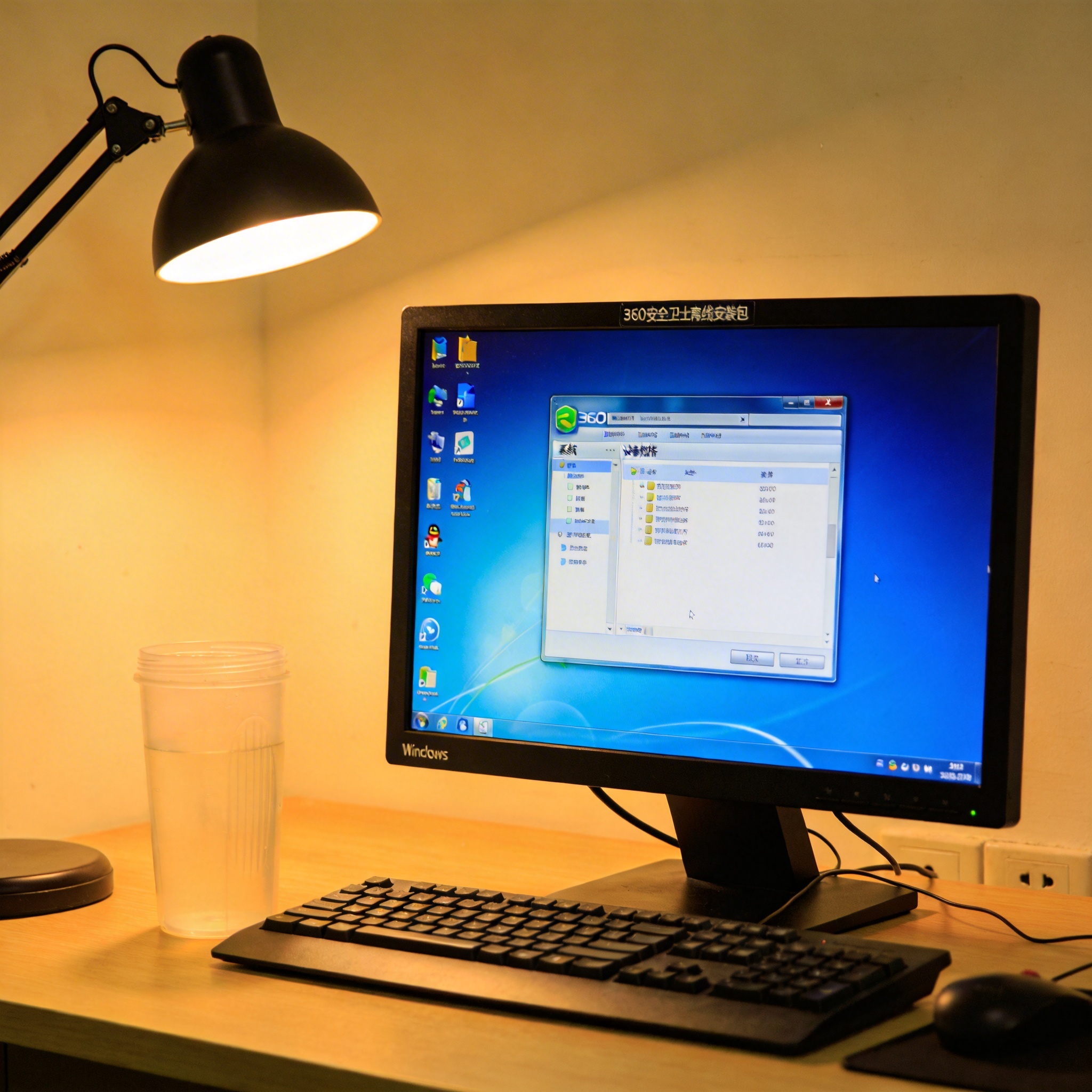 书桌的Windows系统电脑，桌面存放着360安全卫士离线安装包文件，屏幕显示系统属性界面，旁边放着半透明塑料水杯，台灯暖光