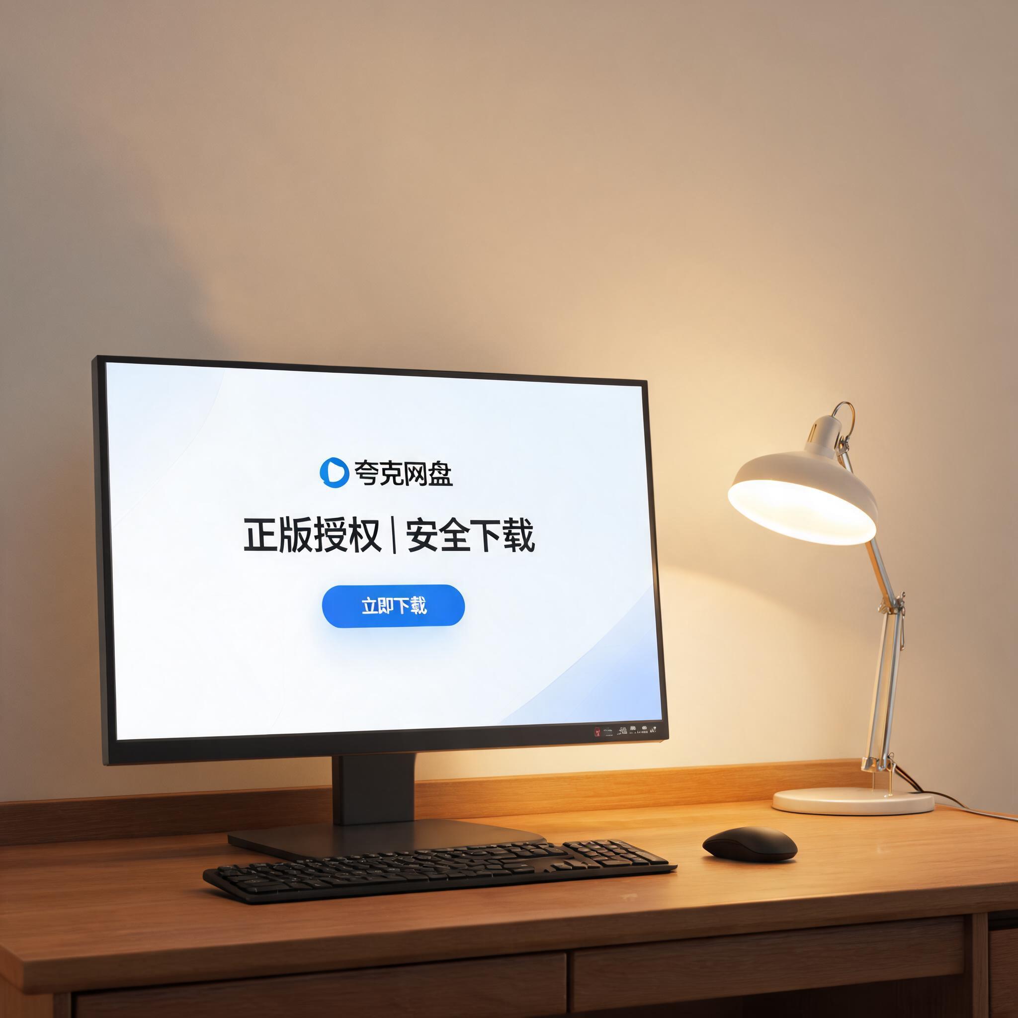 电脑桌上的电脑，屏幕显示夸克网盘正版授权安全下载界面，旁边放着台灯