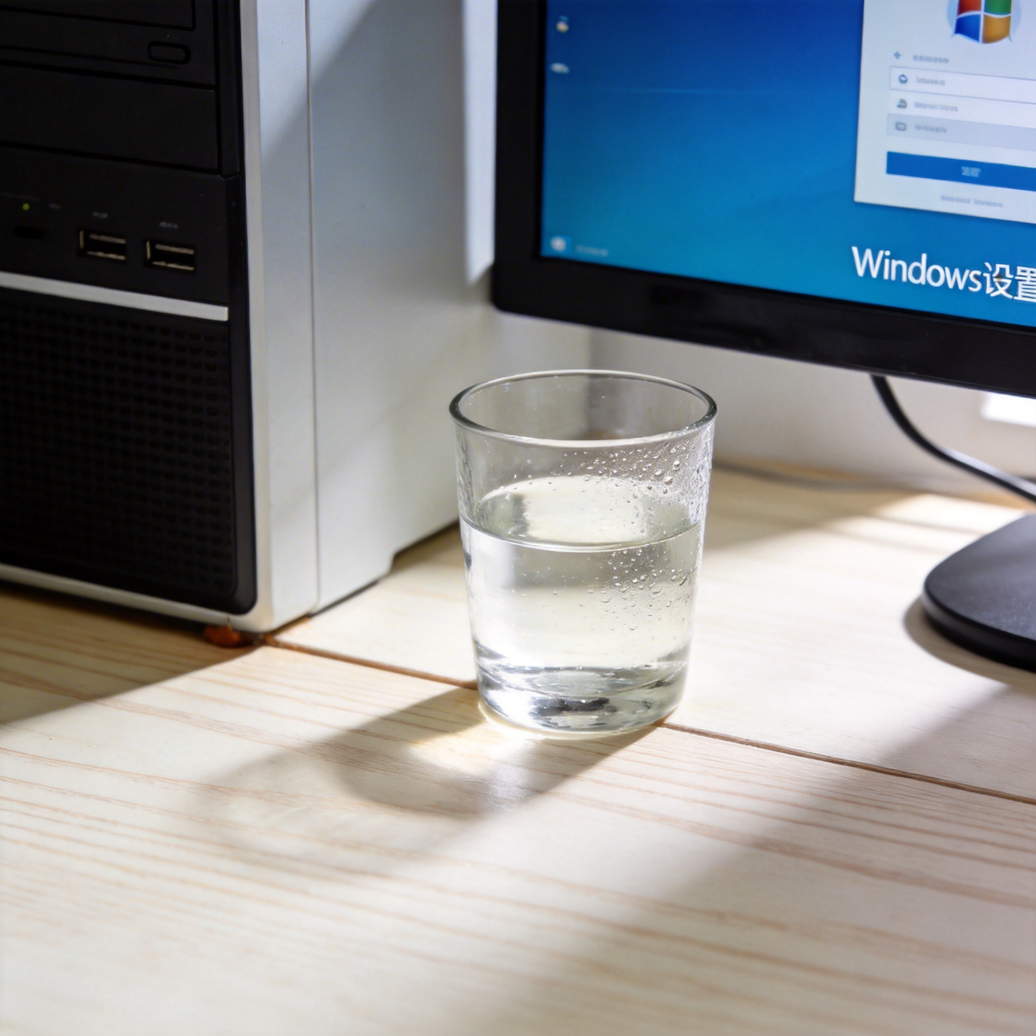 书桌上的主机，屏幕显示Windows设置界面，桌角放着水杯，自然光