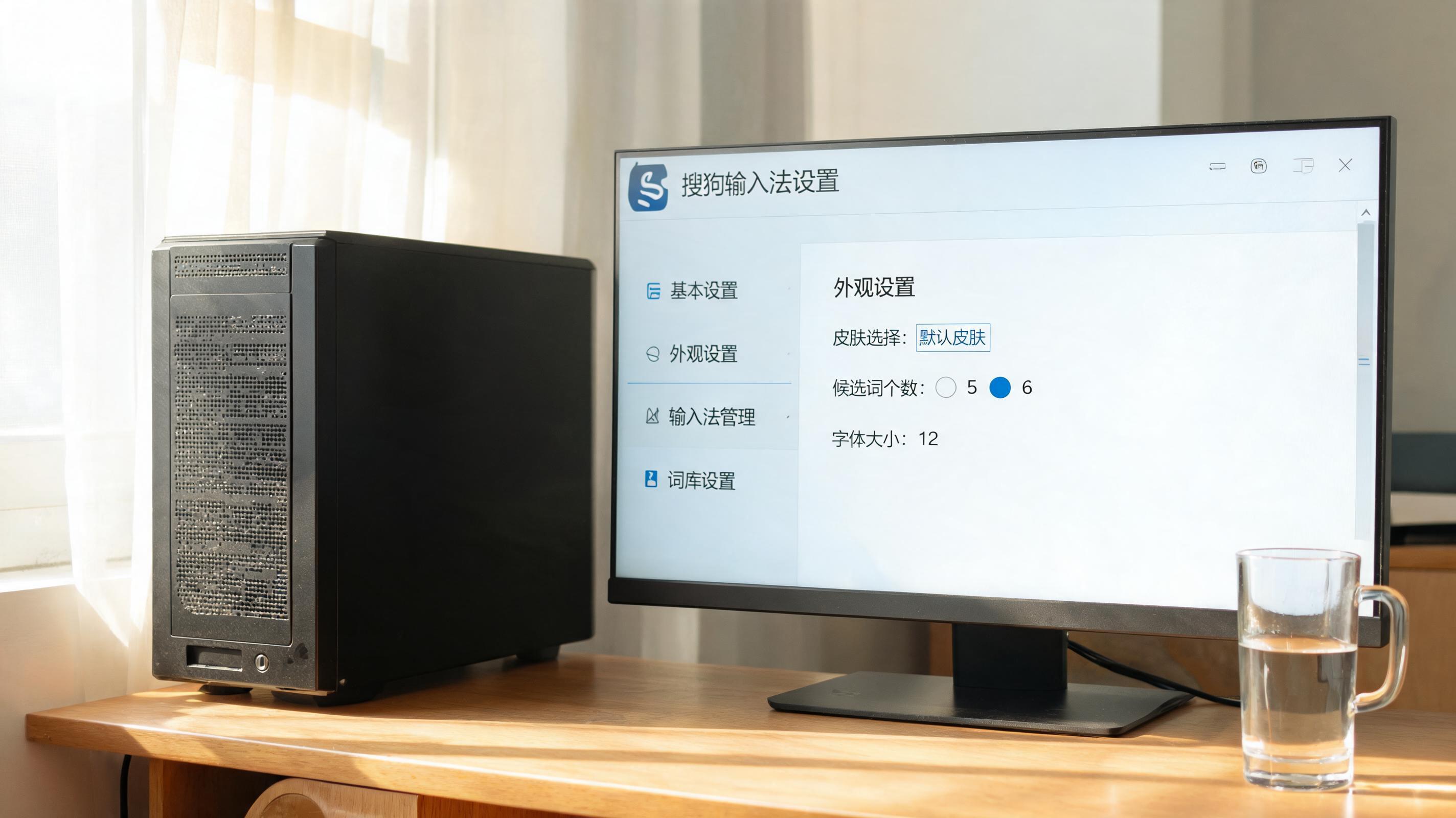 书桌上的主机，屏幕显示搜狗设置界面，桌角放着水杯，自然光