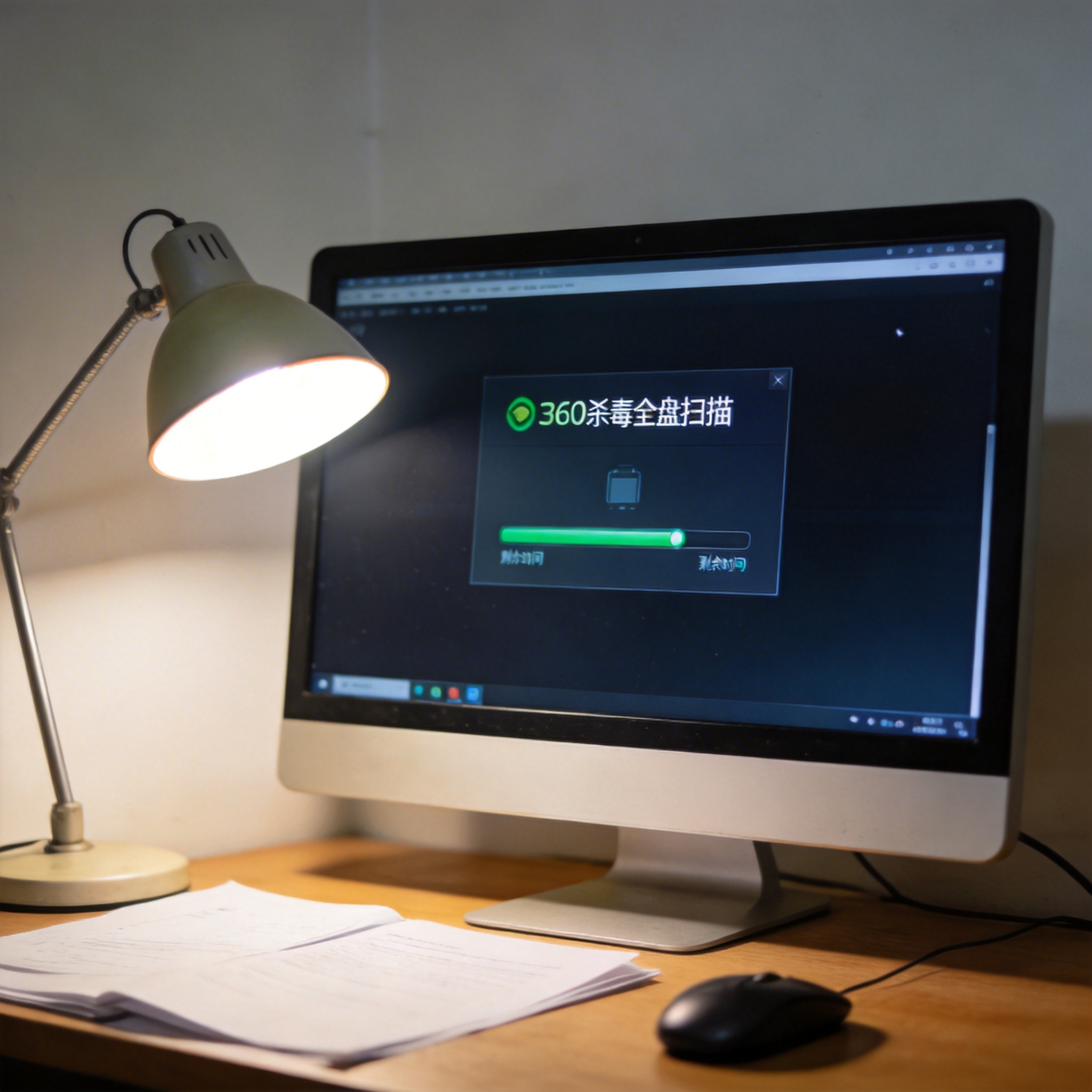 电脑桌上的电脑，屏幕显示360 杀毒全盘扫描界面，旁边放着台灯