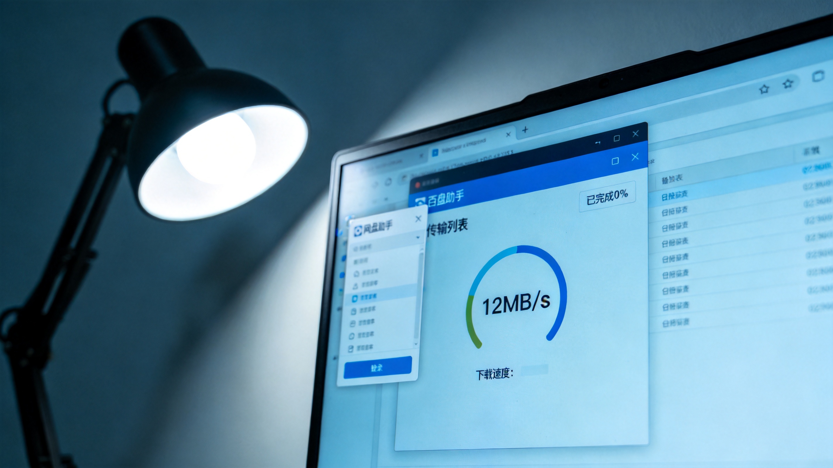 桌面的电脑屏幕显示百度网盘下载界面，下载速度显示为每秒12MB，旁边有打开的浏览器插件窗口，台灯冷光