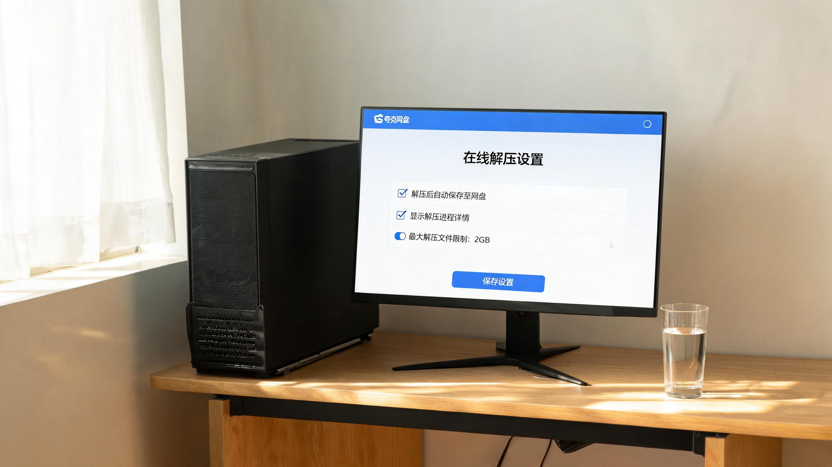 书桌上的主机，屏幕显示夸克网盘文件在线解压设置界面，桌角放着水杯，自然光