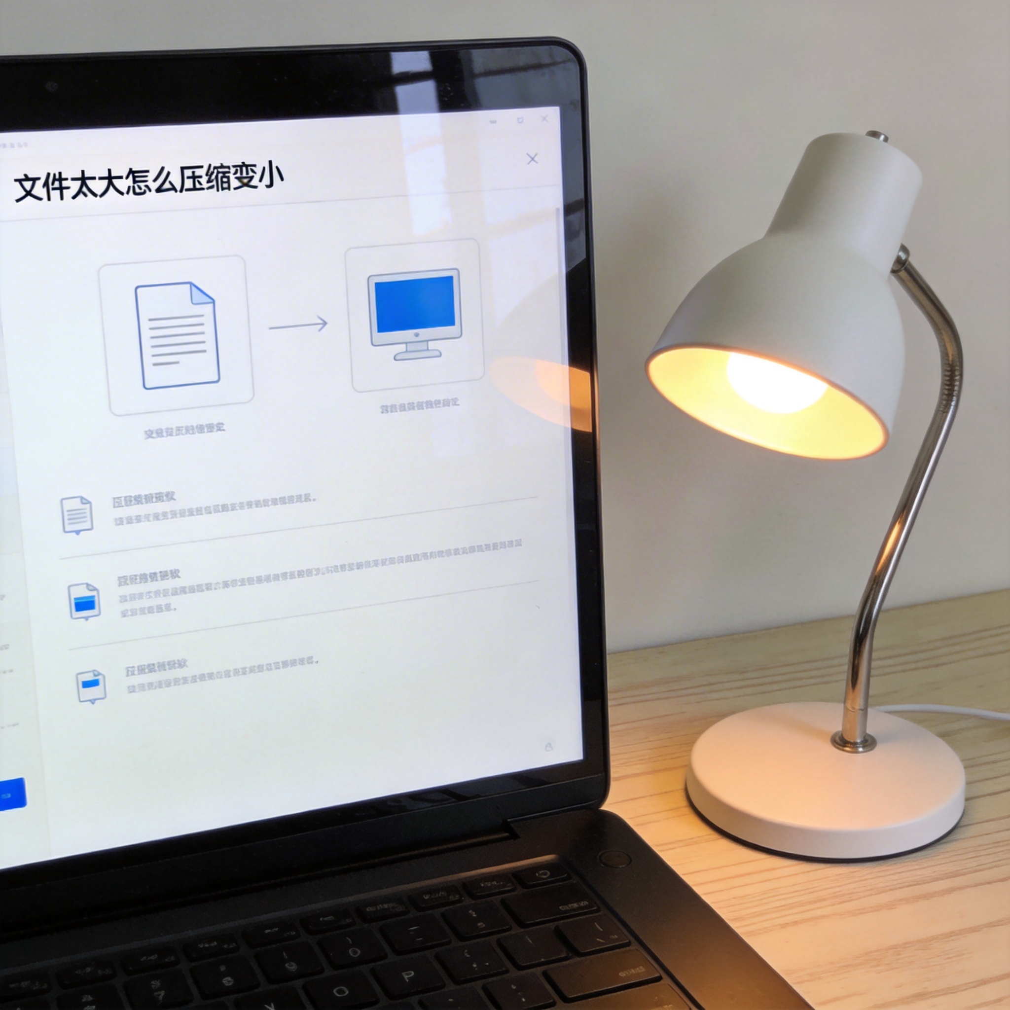 电脑桌上的电脑，屏幕显示文件太大怎么压缩变小界面，旁边放着台灯