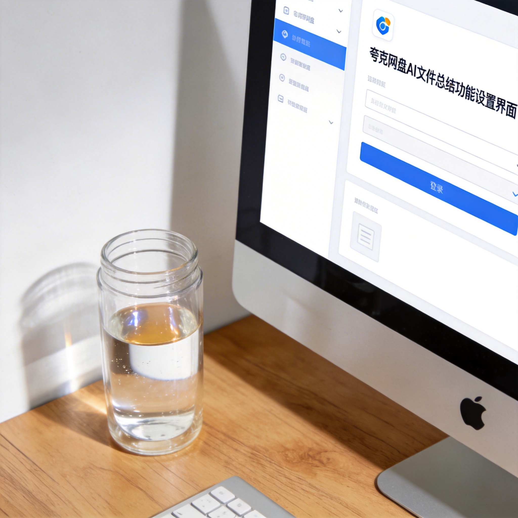 书桌上的主机，屏幕显示夸克网盘 AI 文件总结功能设置界面，桌角放着水杯，自然光