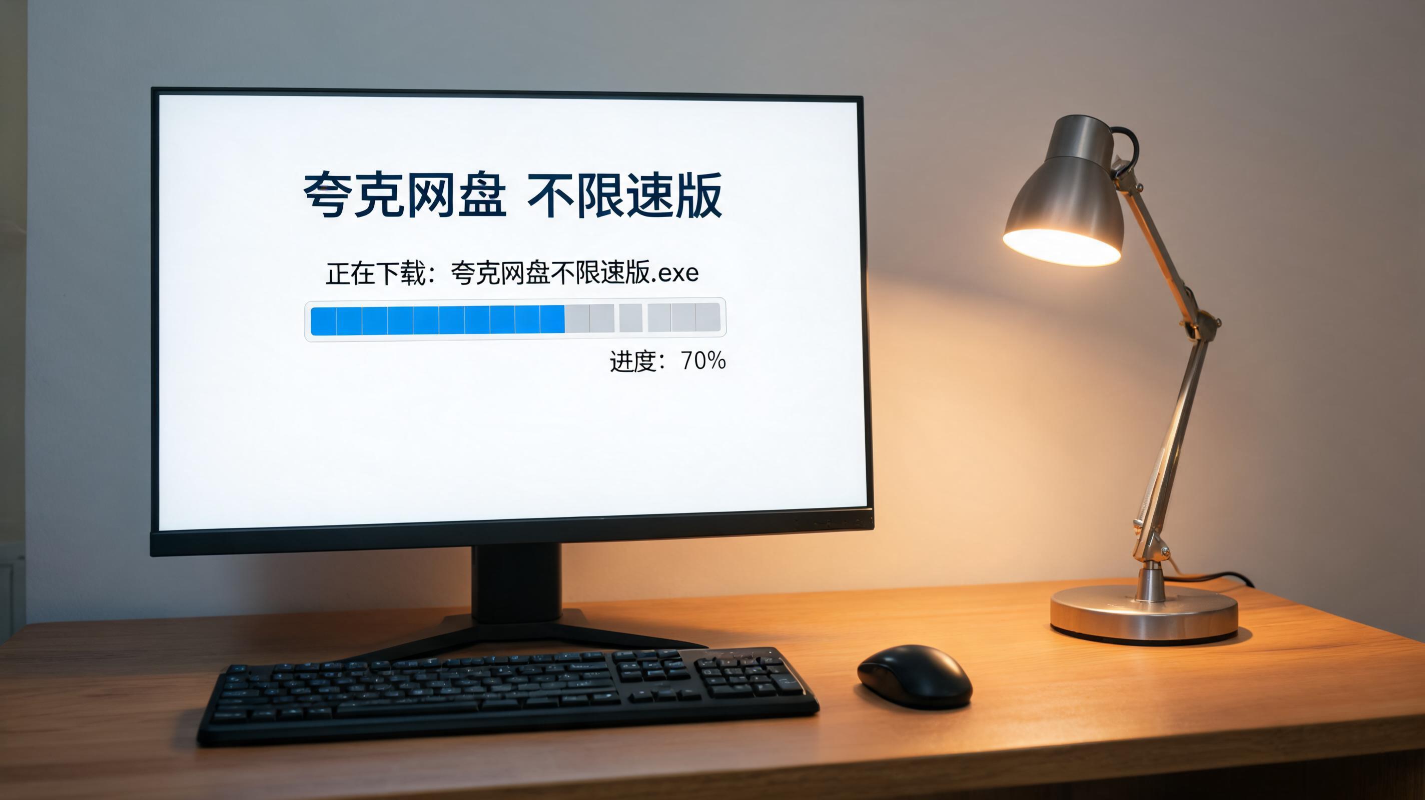 电脑桌上的电脑，屏幕显示夸克网盘不限速版下载进度条，旁边放着台灯