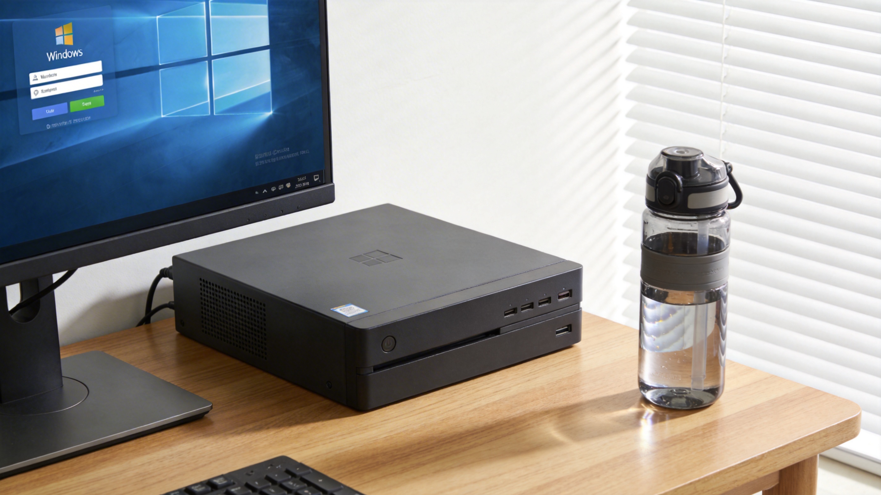 书桌上的主机，屏幕显示Windows设置界面，桌角放着水杯，自然光