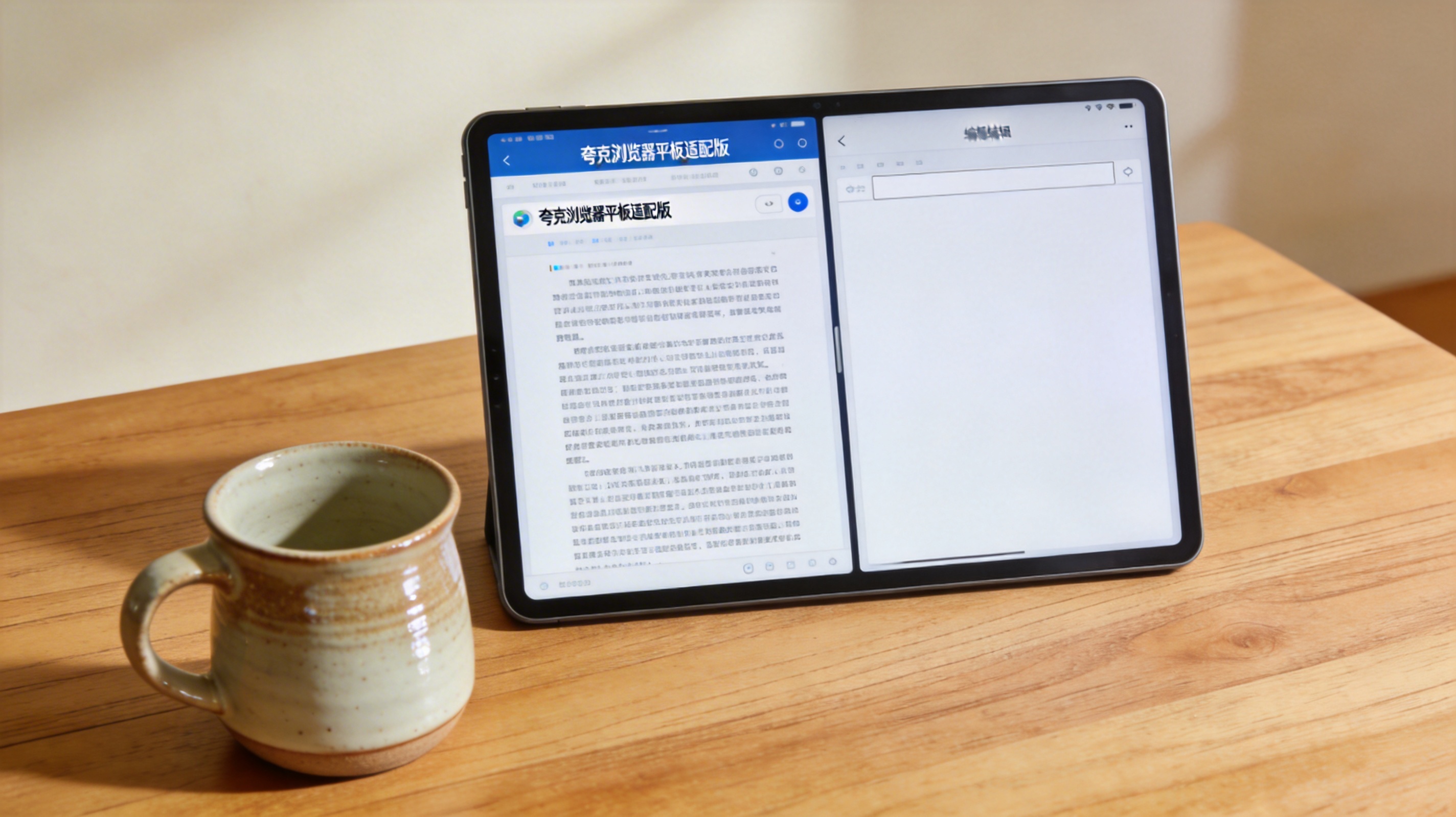 书桌的平板，屏幕显示夸克浏览器平板适配版的分屏浏览界面，一边是论文网页一边是空白编辑页，桌面放着陶瓷水杯，室内自然光