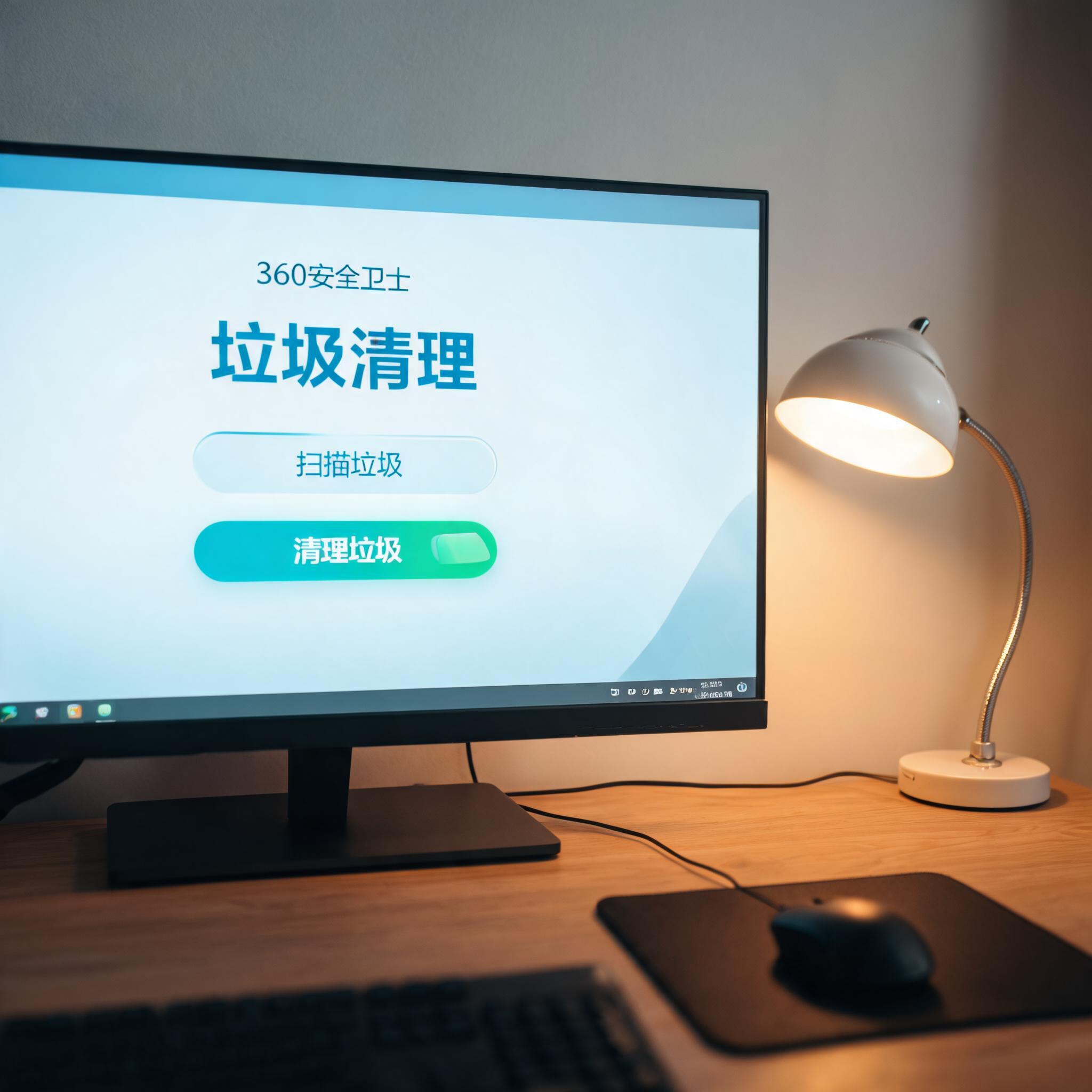 电脑桌上的电脑，屏幕显示360 安全卫士垃圾清理界面，旁边放着台灯