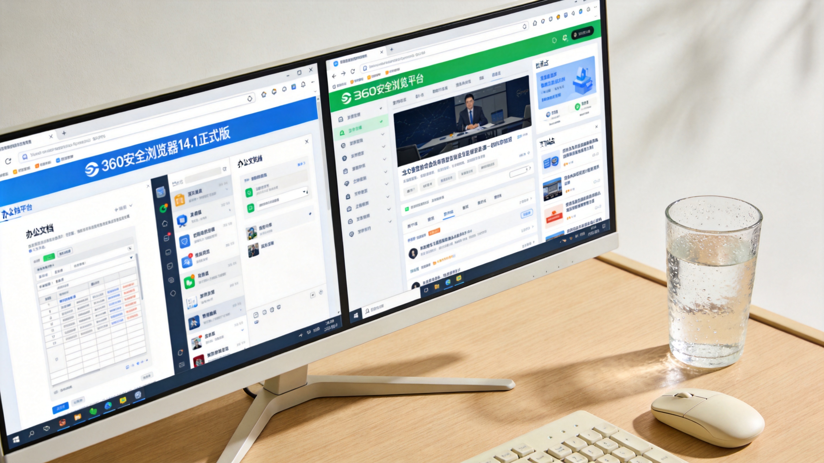 电脑桌面，屏幕显示360安全浏览器最新版本界面，分屏显示办公文档平台和资讯站点，桌面放着半杯温水，室内自然光