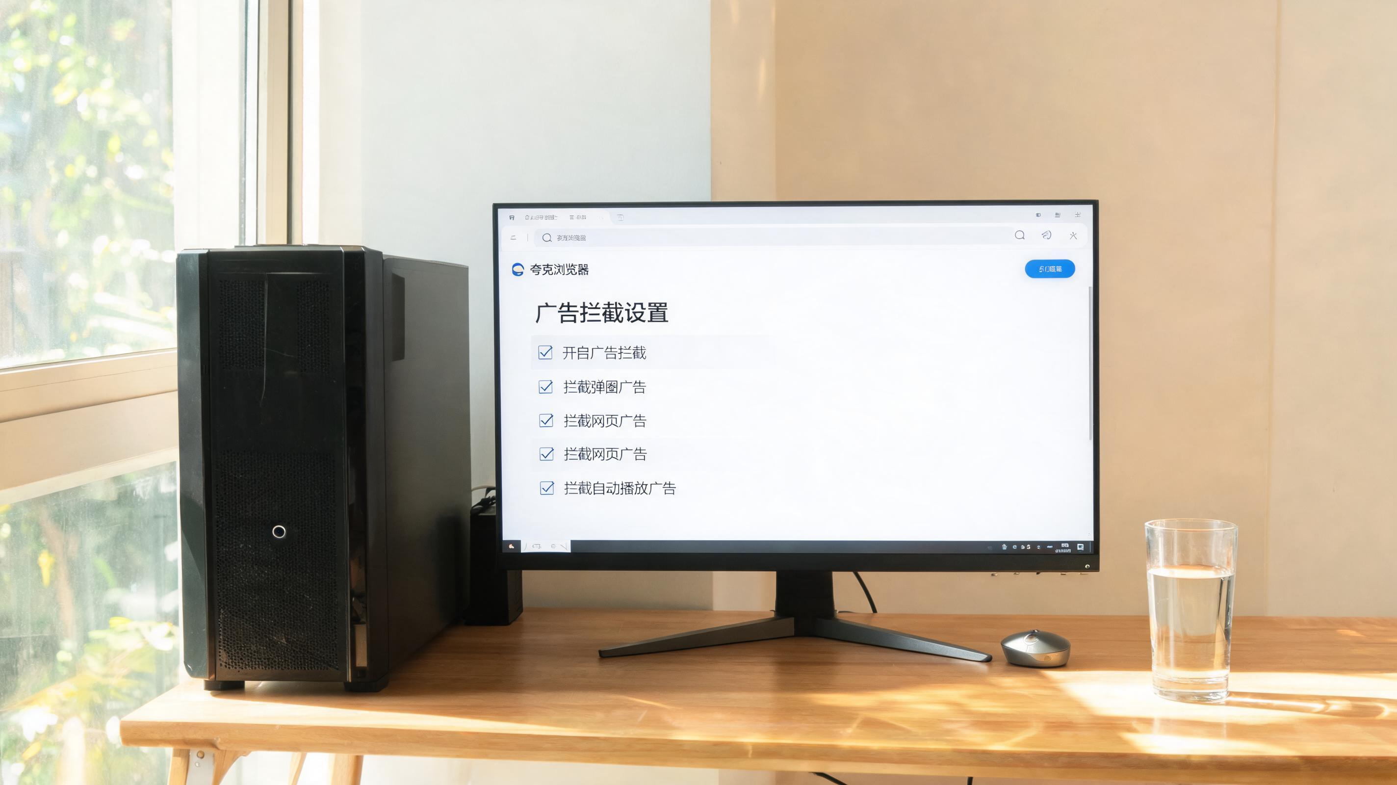 书桌上的主机，屏幕显示夸克浏览器广告拦截设置设置界面，桌角放着水杯，自然光