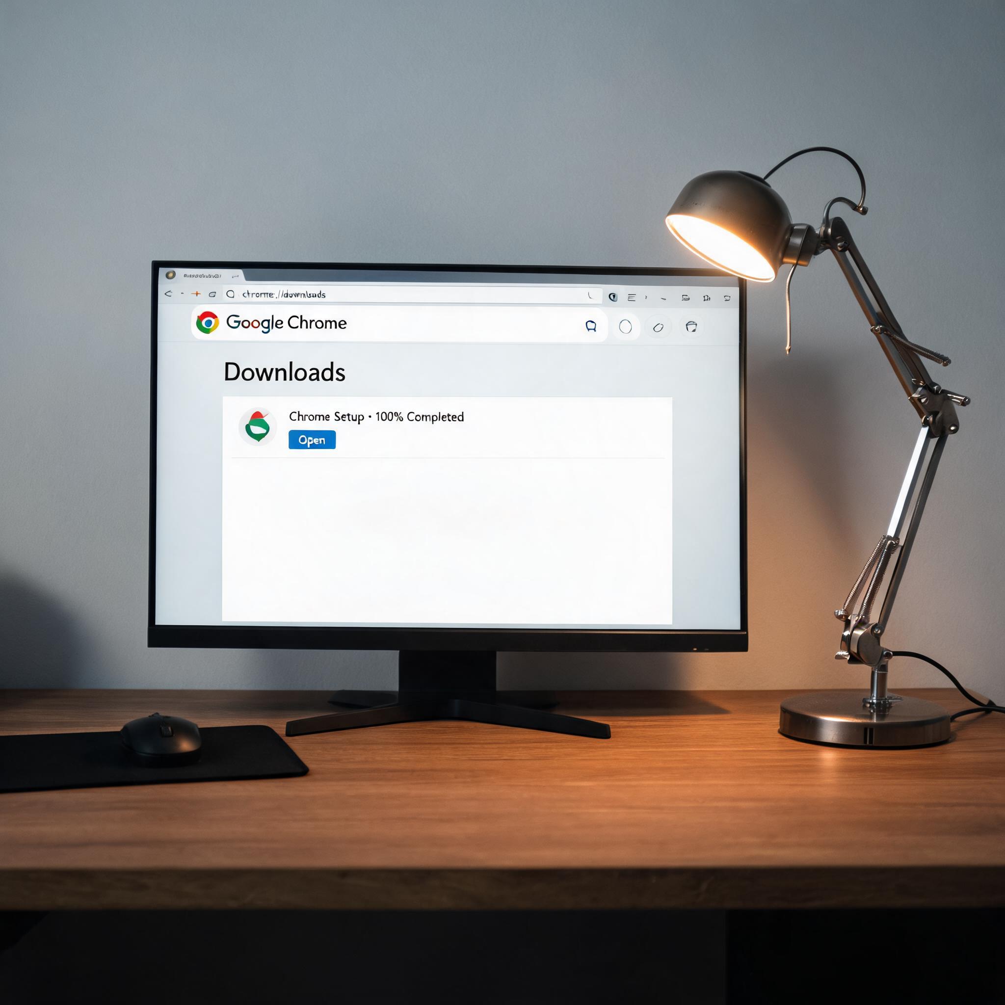 电脑桌上的电脑，屏幕显示google浏览器下载界面，旁边放着台灯