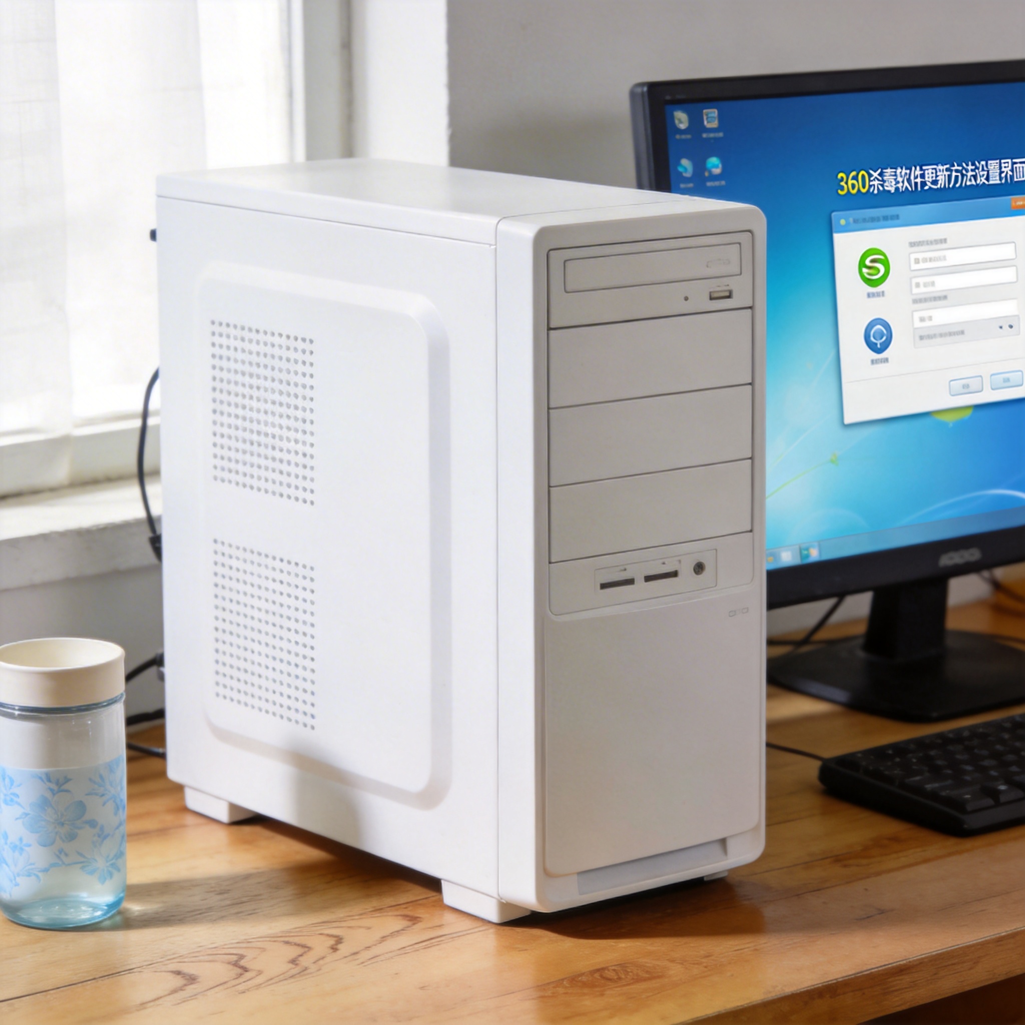 书桌上的主机，屏幕显示360 杀毒软件更新方法设置界面，桌角放着水杯，自然光