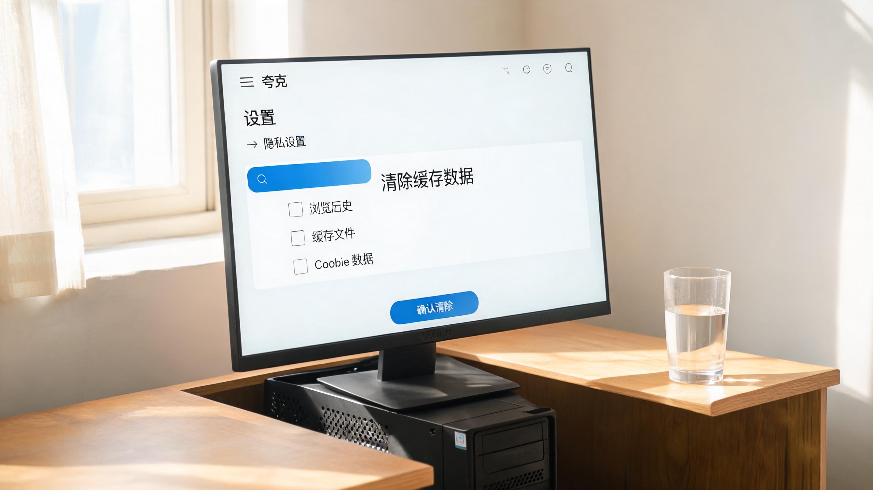 书桌上的主机，屏幕显示夸克浏览器怎么清除缓存数据设置界面，桌角放着水杯，自然光