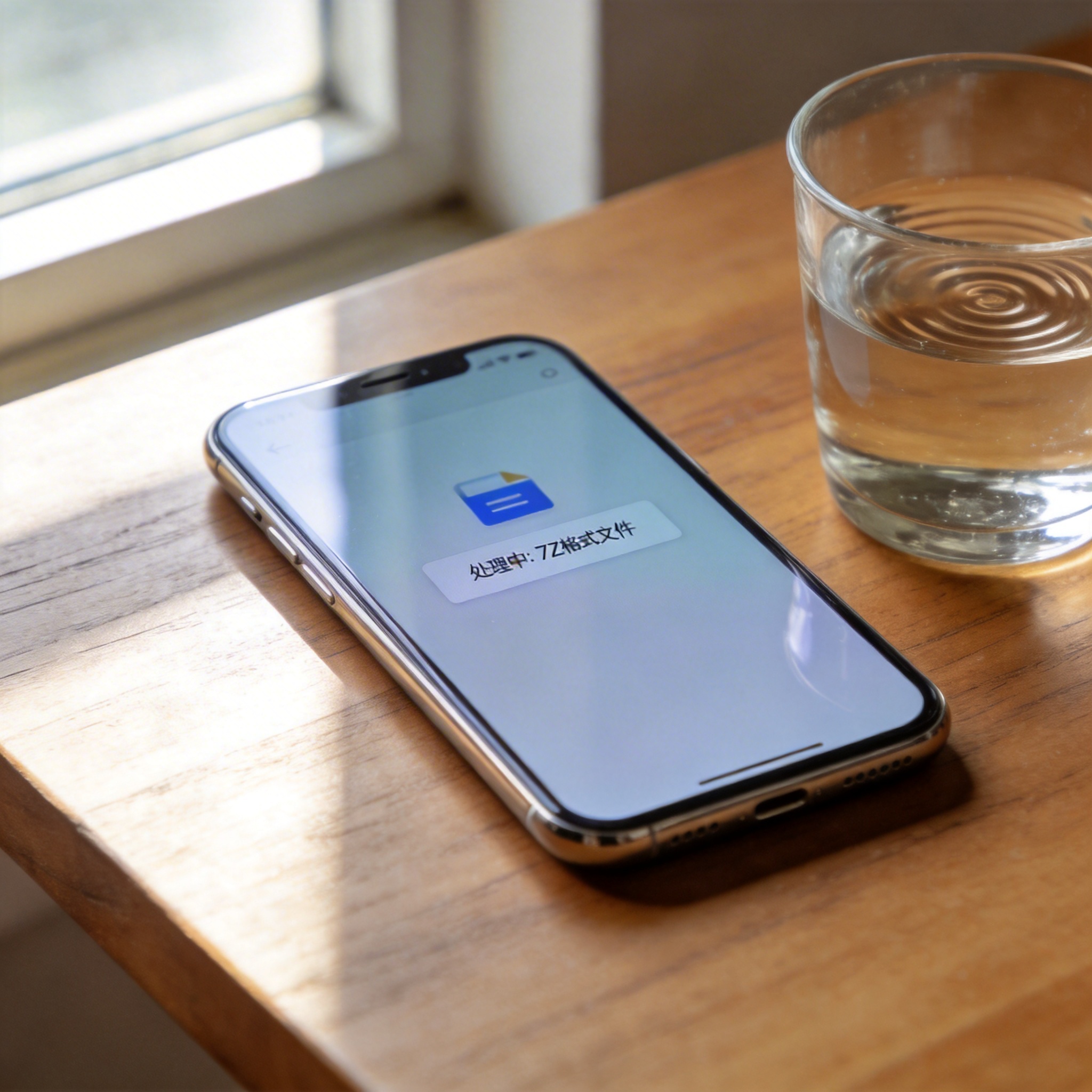 桌面放着智能手机，屏幕显示手机文件压缩解压缩软件界面，正在处理7Z格式文件，旁边有半杯温水，室内自然光