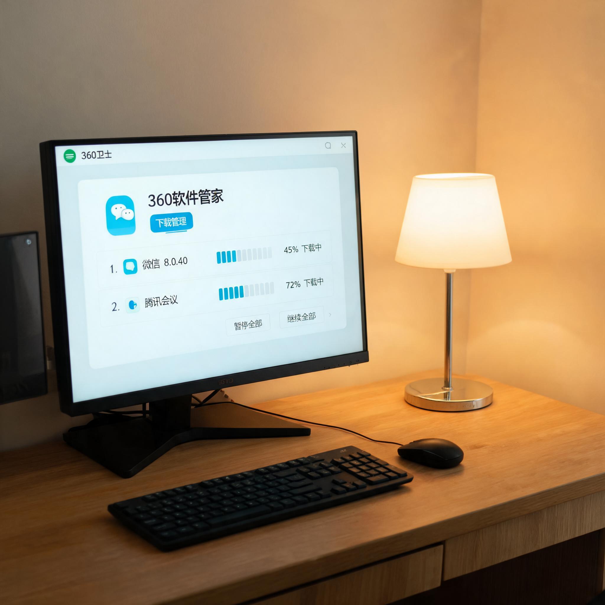 电脑桌上的电脑，屏幕显示360 卫士软件管理下载界面，旁边放着台灯