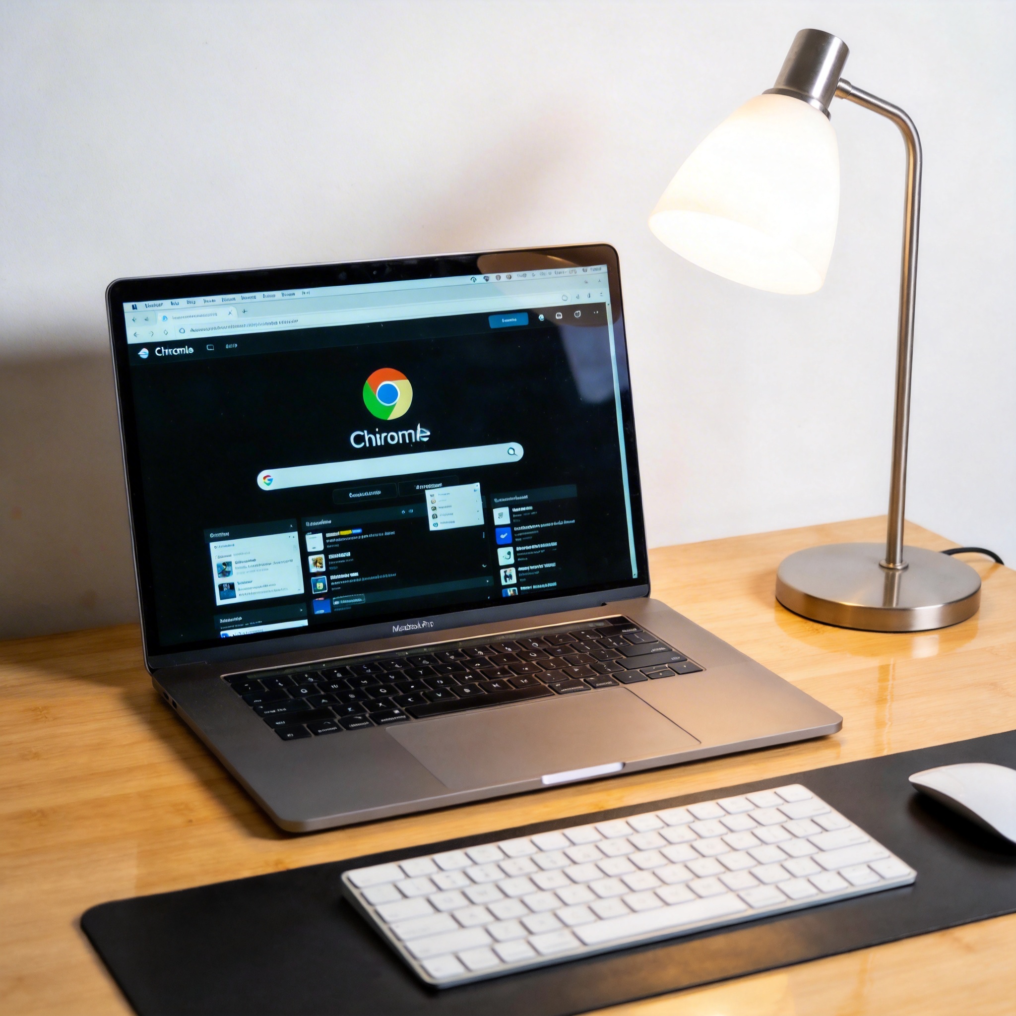 电脑桌上的电脑，屏幕显示Chrome界面，旁边放着台灯